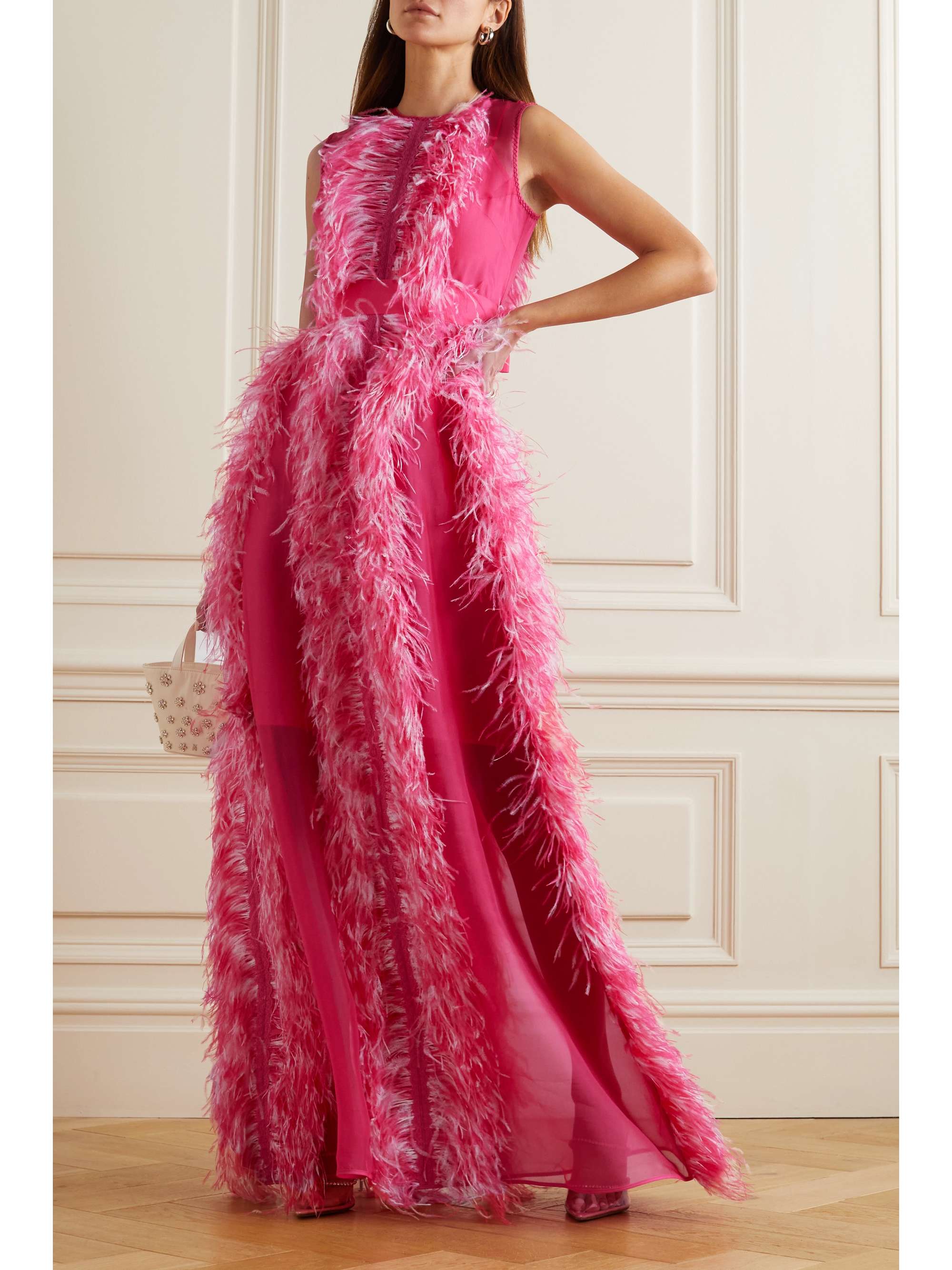 EXCLUSIVE AT NET-A-PORTER. Huishan Zhang's collections pose as personal journals detailing his inspiration - they might include references to Chinese literature or contemporary and historical art. Made especially for us, this 'Beau' gown is crafted from sheer silk-organza and wispy pink and white ostrich feathers, finished with an elegant grosgrain belt.