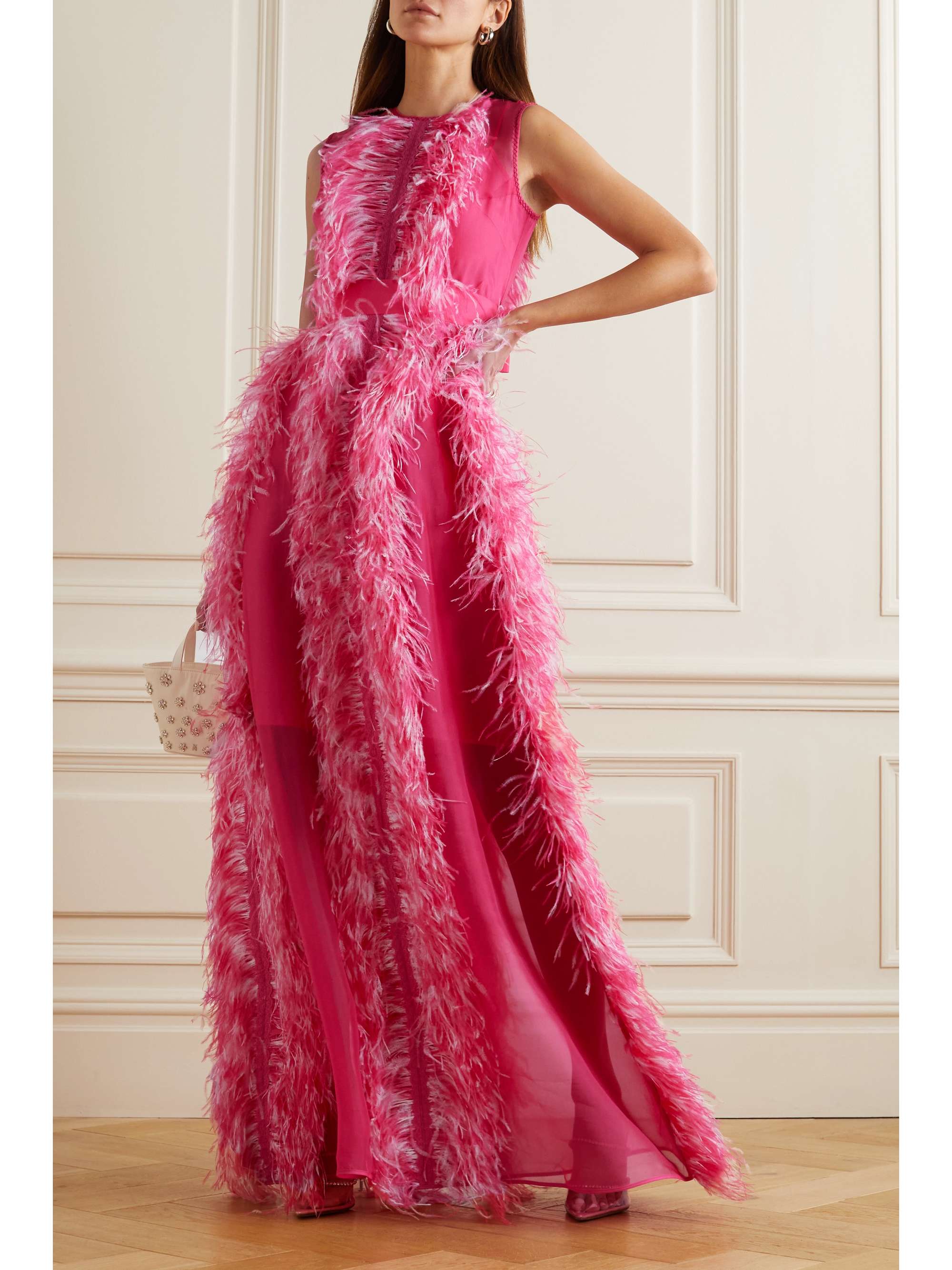 HUISHAN ZHANG Beau feather and grosgrain-trimmed silk-organza gown ...