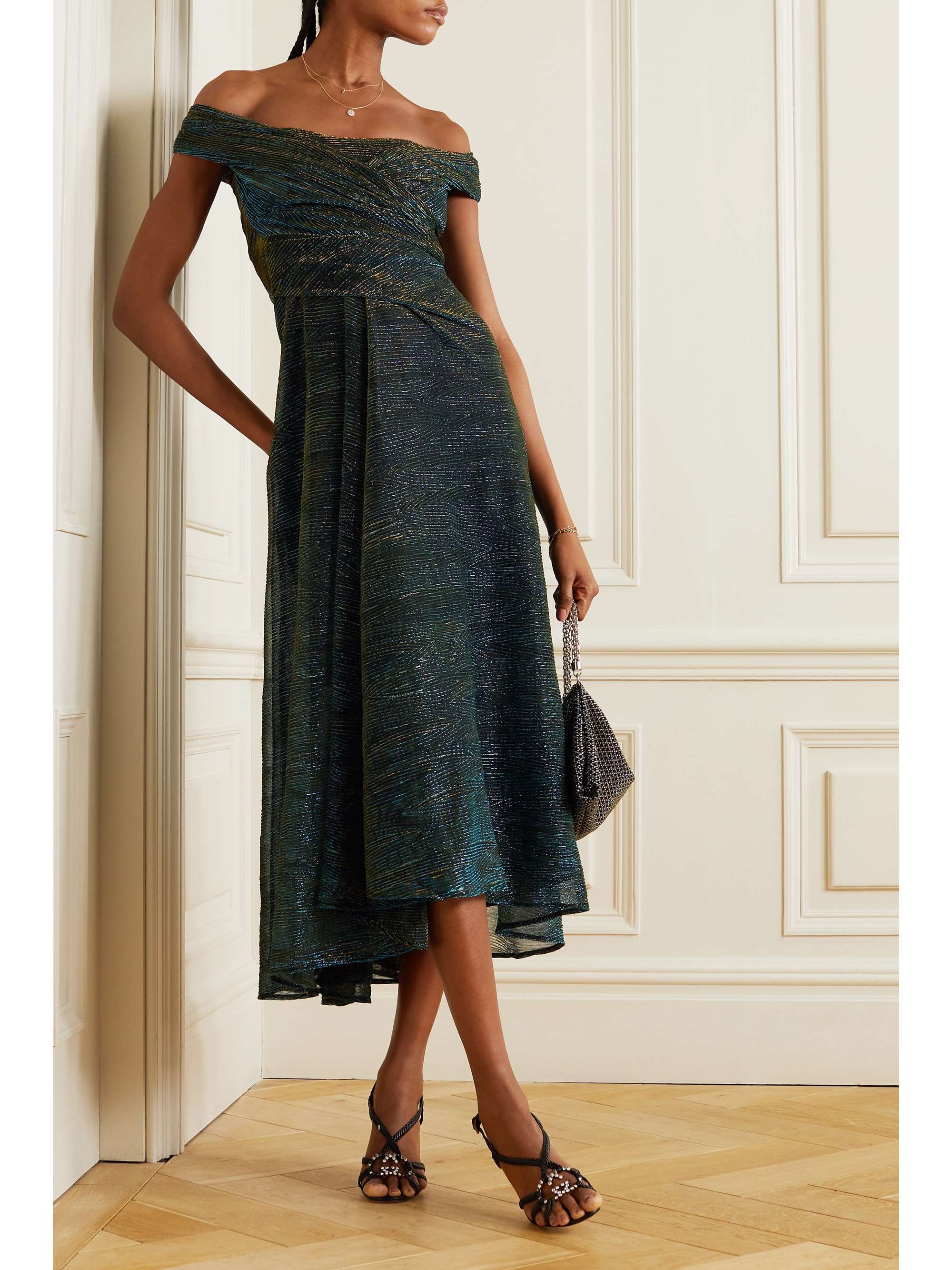 TALBOT RUNHOF Draped metallic voile midi dress