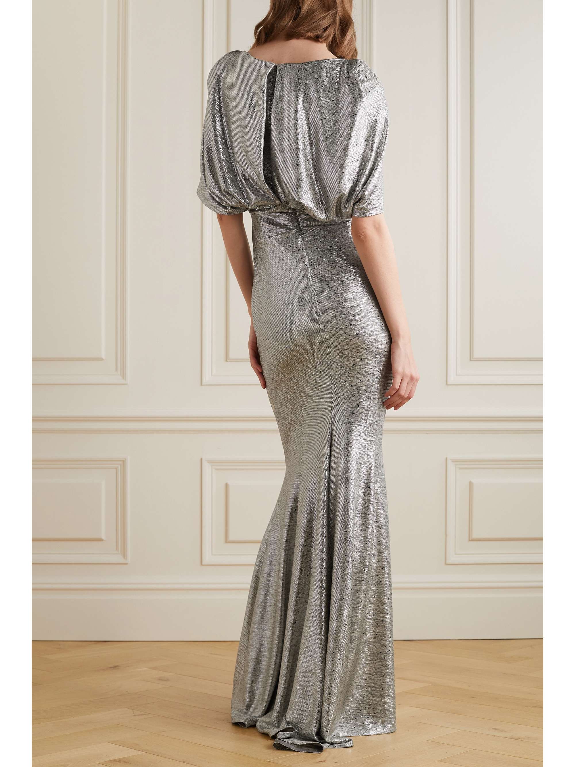 TALBOT RUNHOF Cape-effect gathered embellished metallic stretch-jersey gown