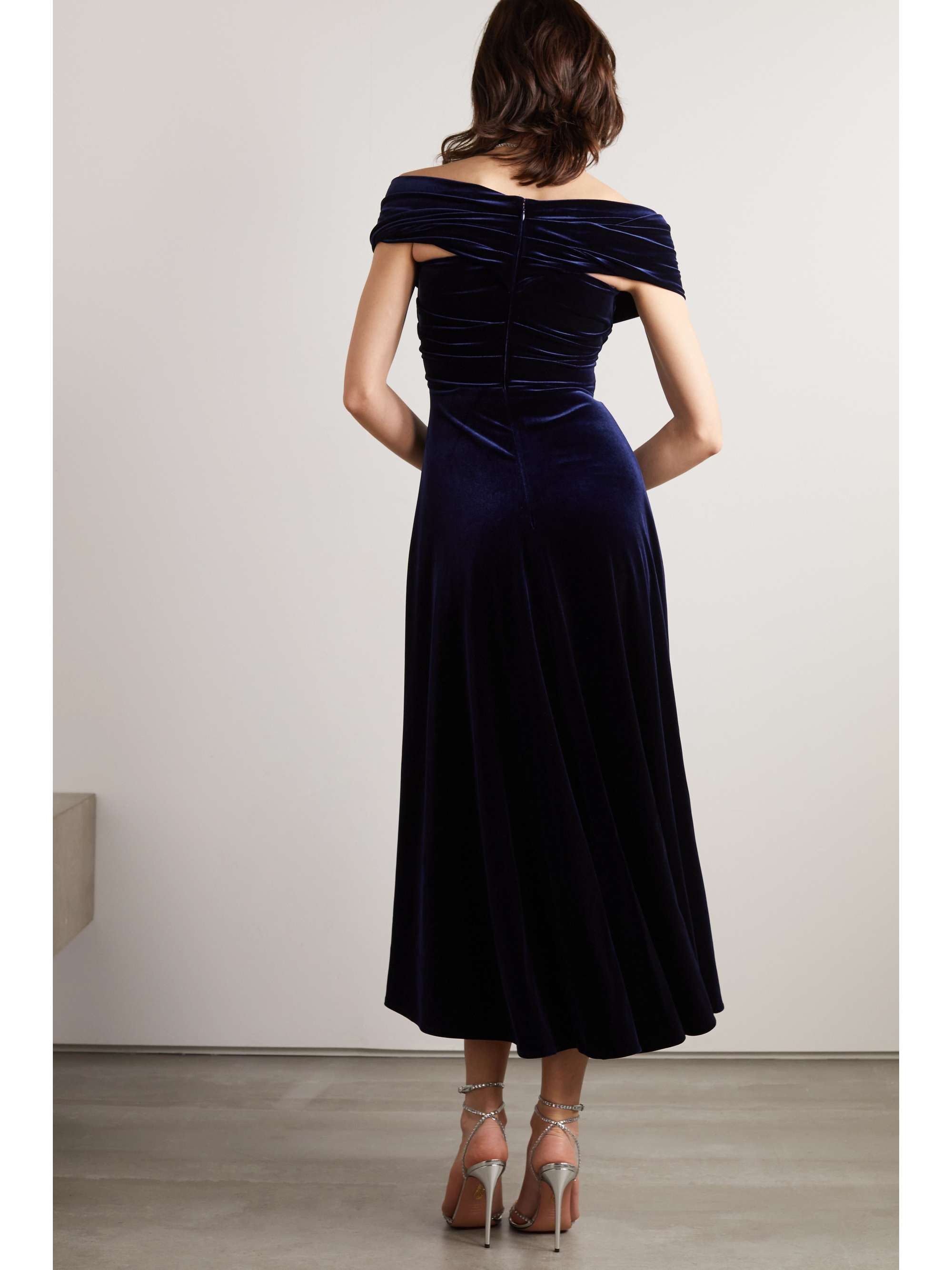 TALBOT RUNHOF Off-the-shoulder draped stretch-velvet midi dress