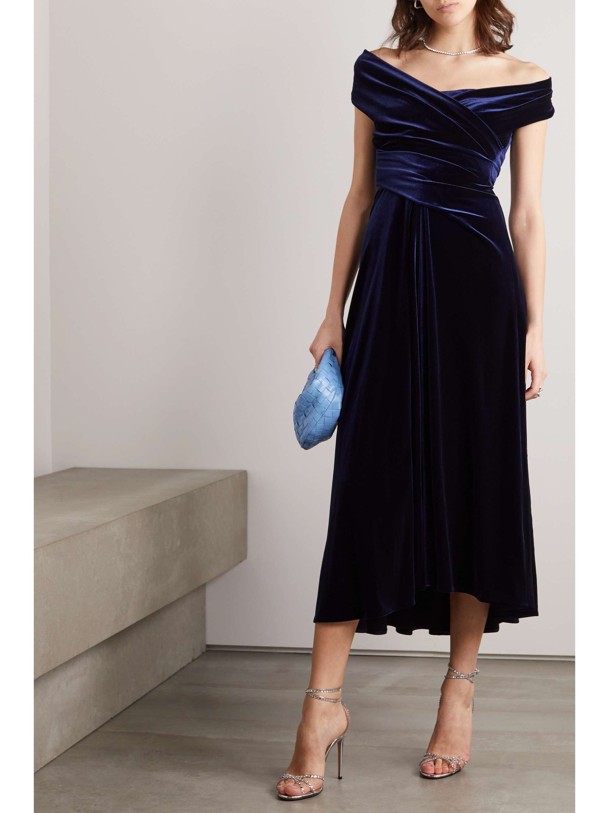 TALBOT RUNHOF Off-the-shoulder draped stretch-velvet midi dress