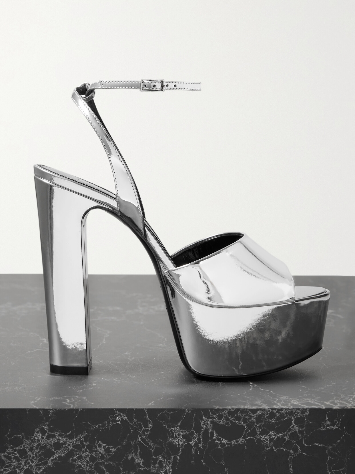 SAINT LAURENT JODIE MIRRORED-LEATHER PLATFORM SANDALS