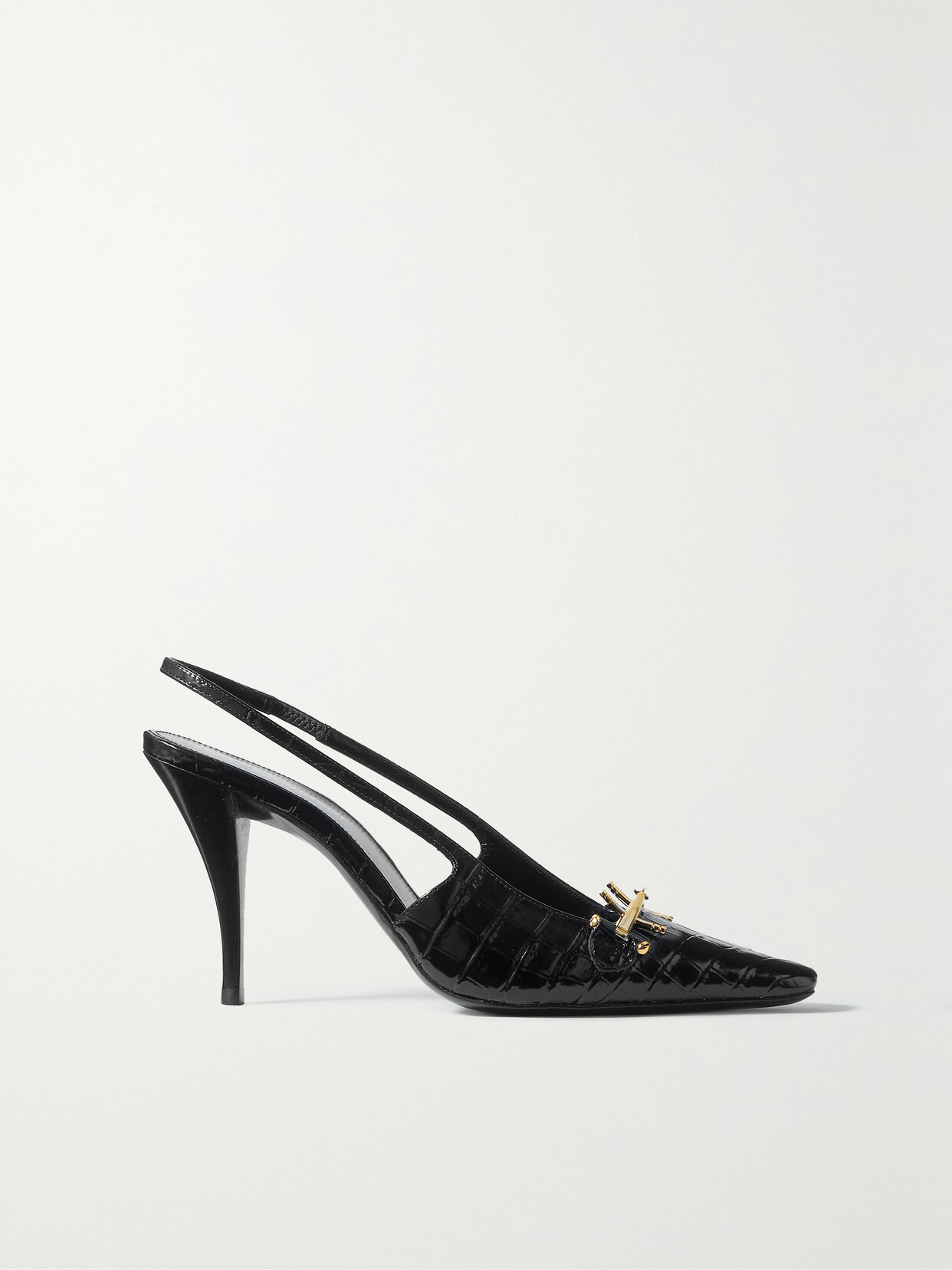 Shop Saint Laurent Blade Embellished Croc-effect Leather Slingback Pumps In Black