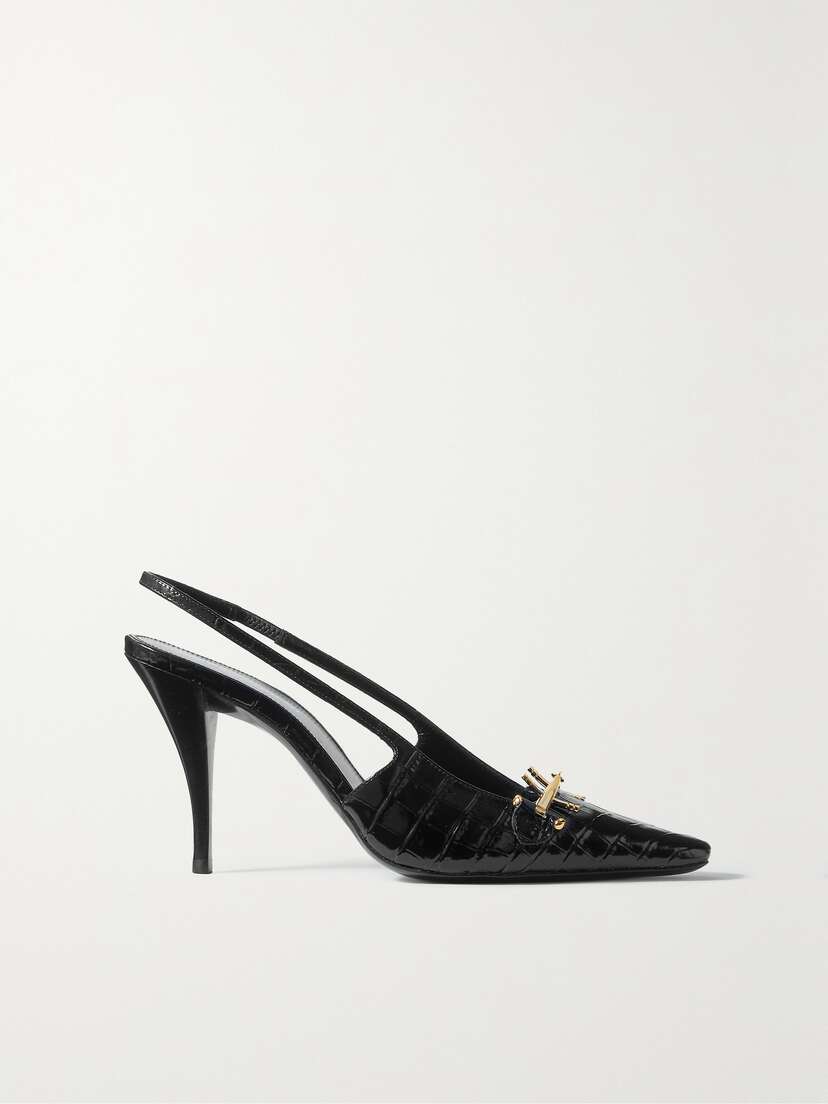 Saint Laurent Blade Embellished Croc-effect Leather Slingback Pumps