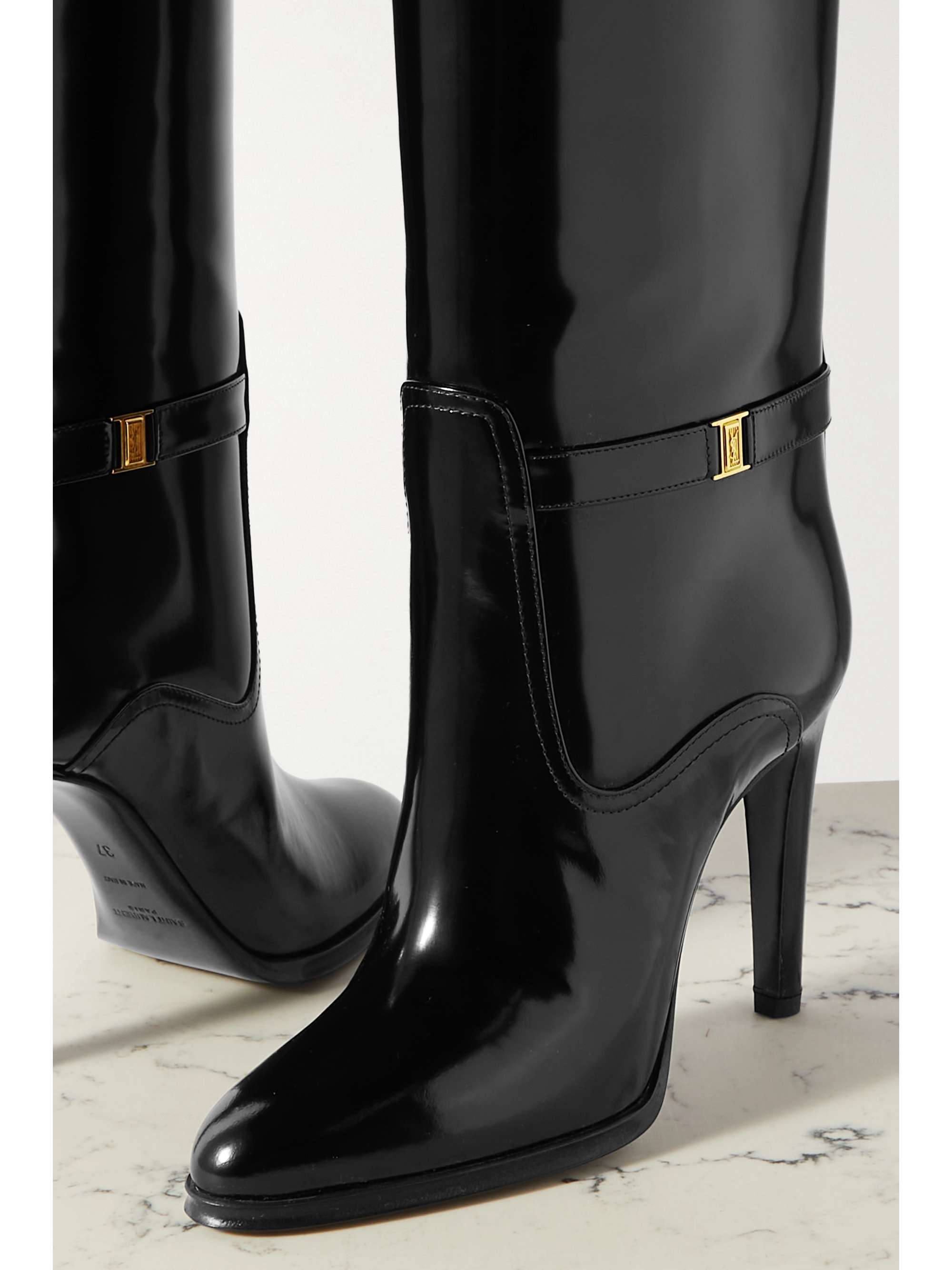 SAINT LAURENT Diane buckled glossed-leather knee boots