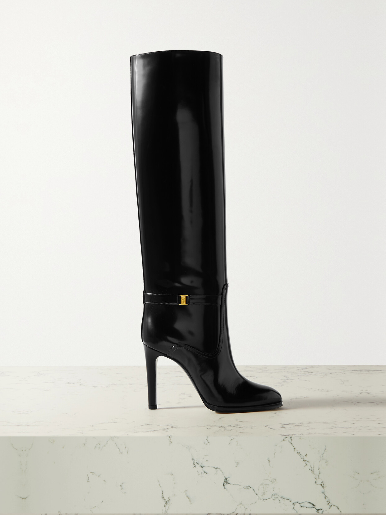 SAINT LAURENT Diane Buckled Glossed-leather Knee Boots - Black
