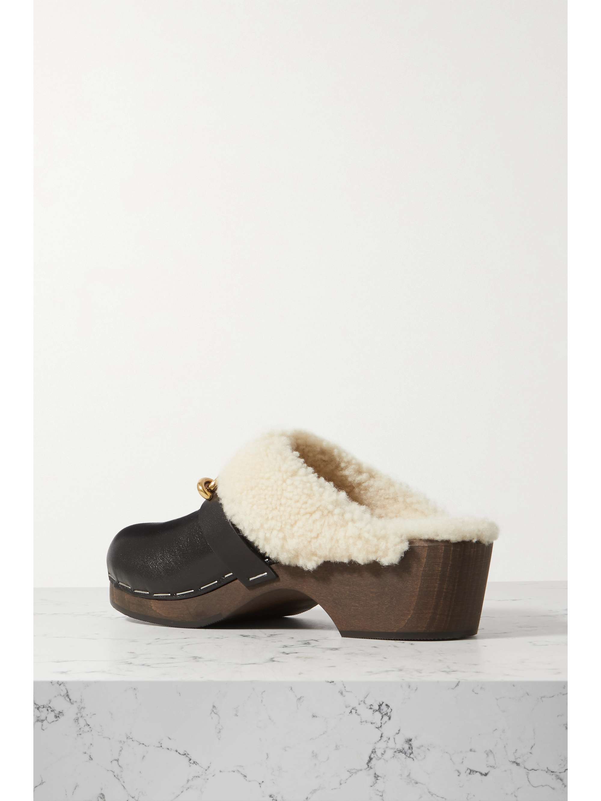 SAINT LAURENT Le Maillon embellished shearling-trimmed leather clogs