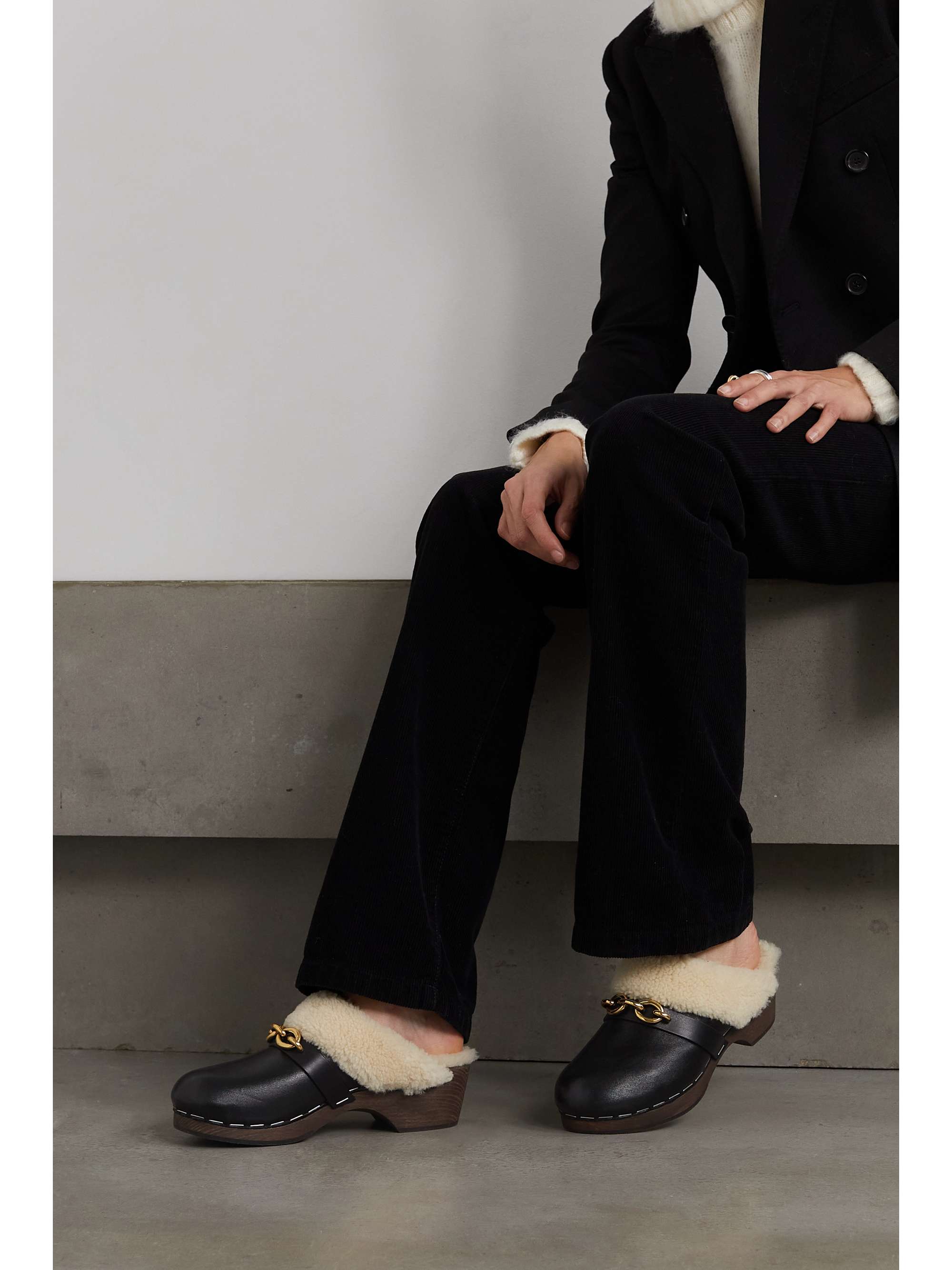 SAINT LAURENT Le Maillon embellished shearling-trimmed leather clogs
