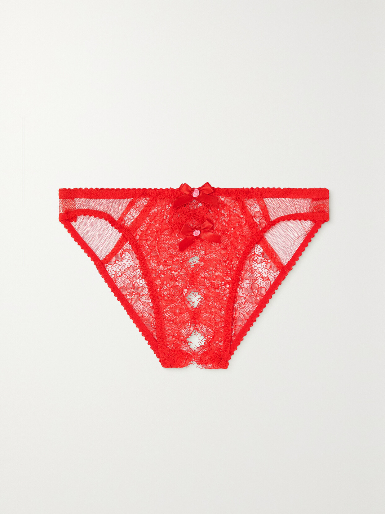 Agent Provocateur - Lorna Bow-embellished Cutout Leavers Lace And Tulle Thong - Red