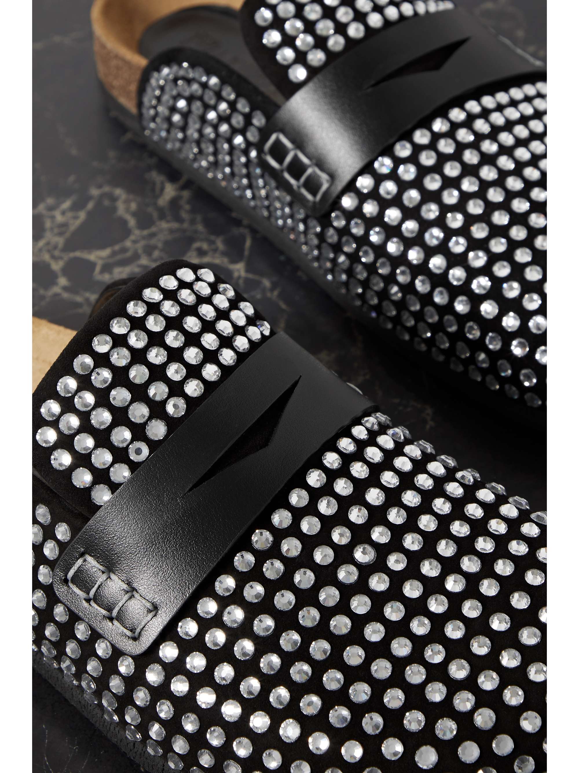 JW ANDERSON Leather-trimmed crystal-embellished suede slippers