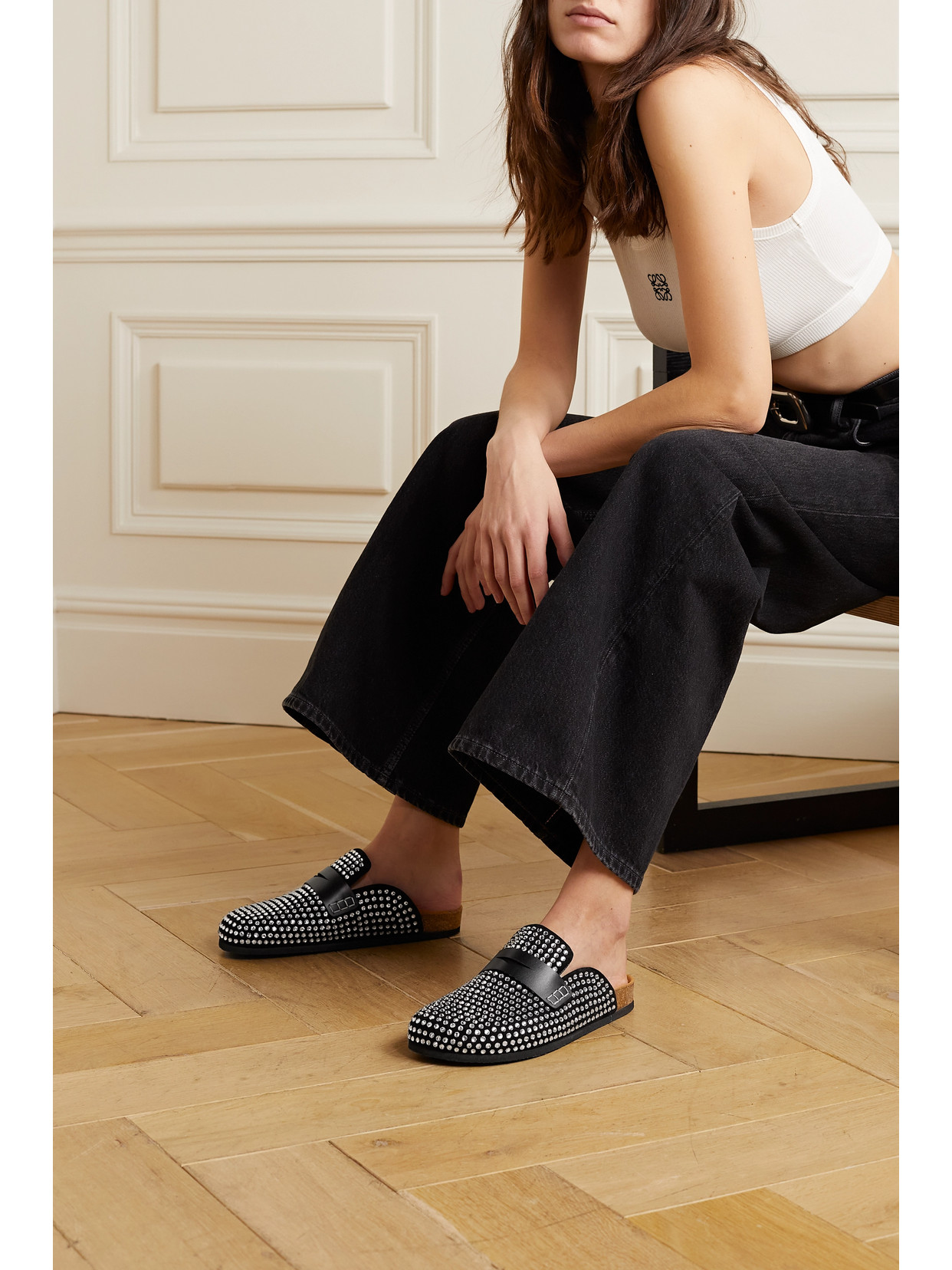 Jw Anderson Crystal Stud Comfort Slide Loafers In Black