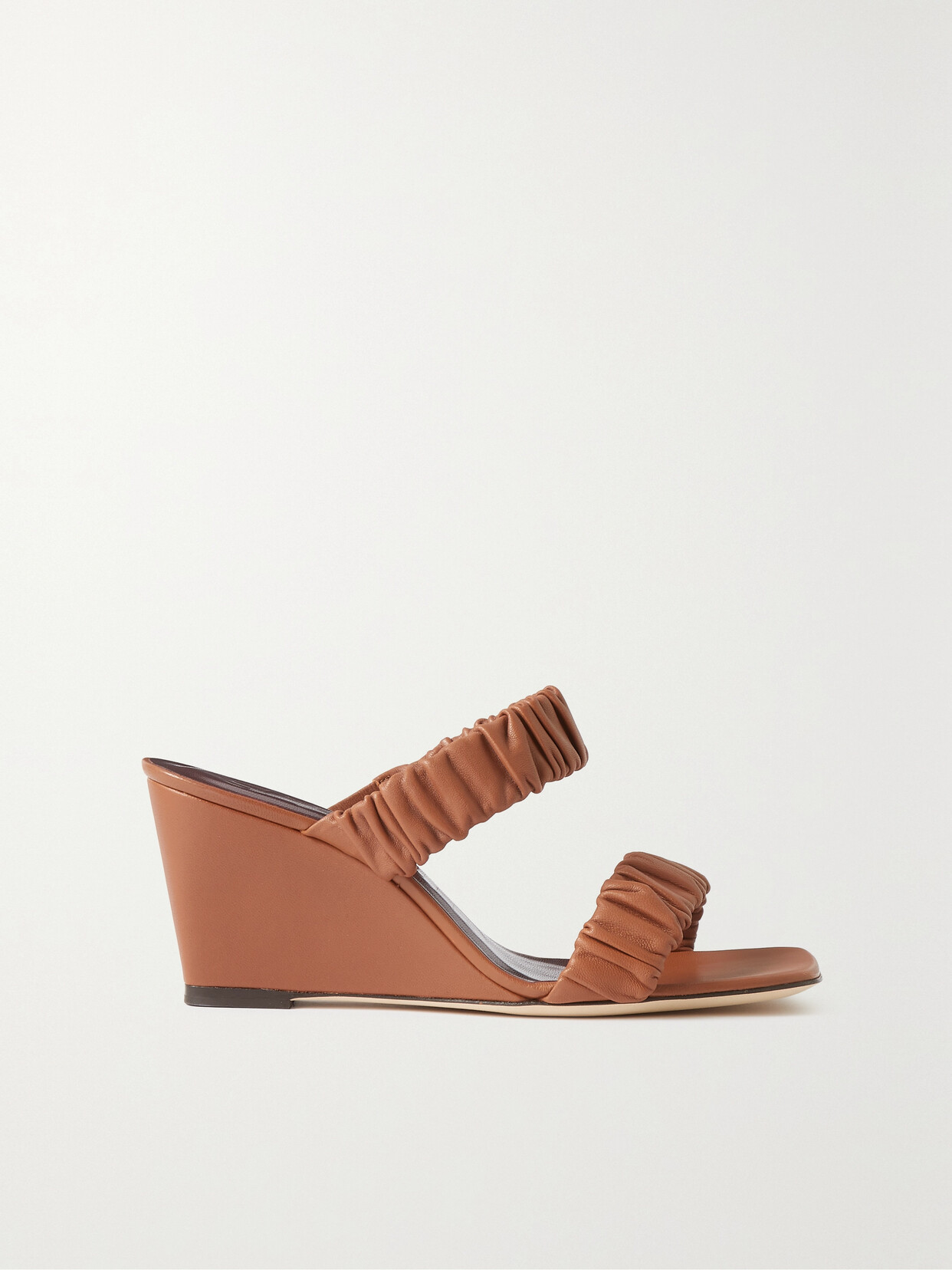 STAUD - Frankie Ruched Leather Wedge Sandals - Brown