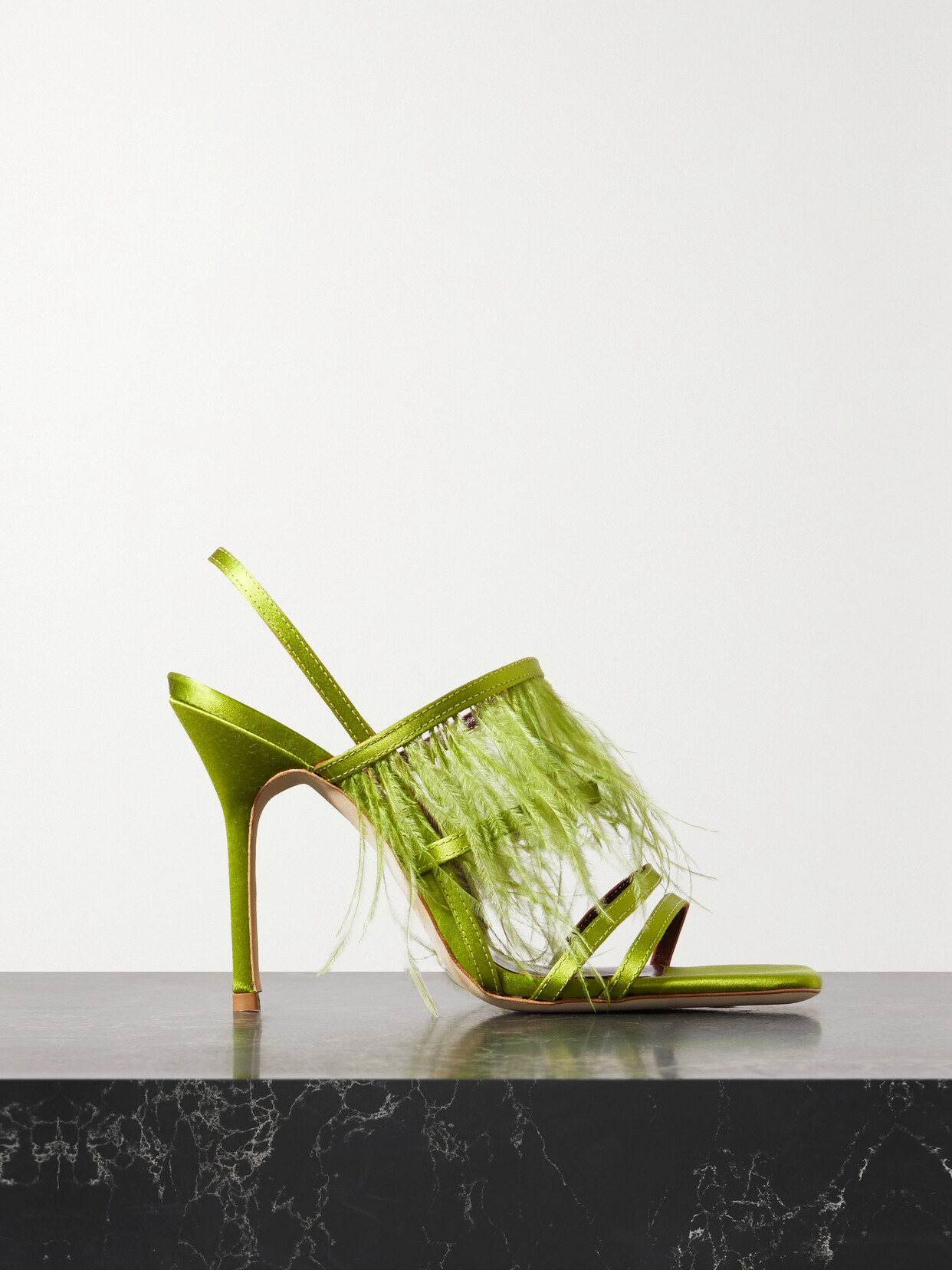 STAUD - Anise Feather-trimmed Satin Sandals - Green