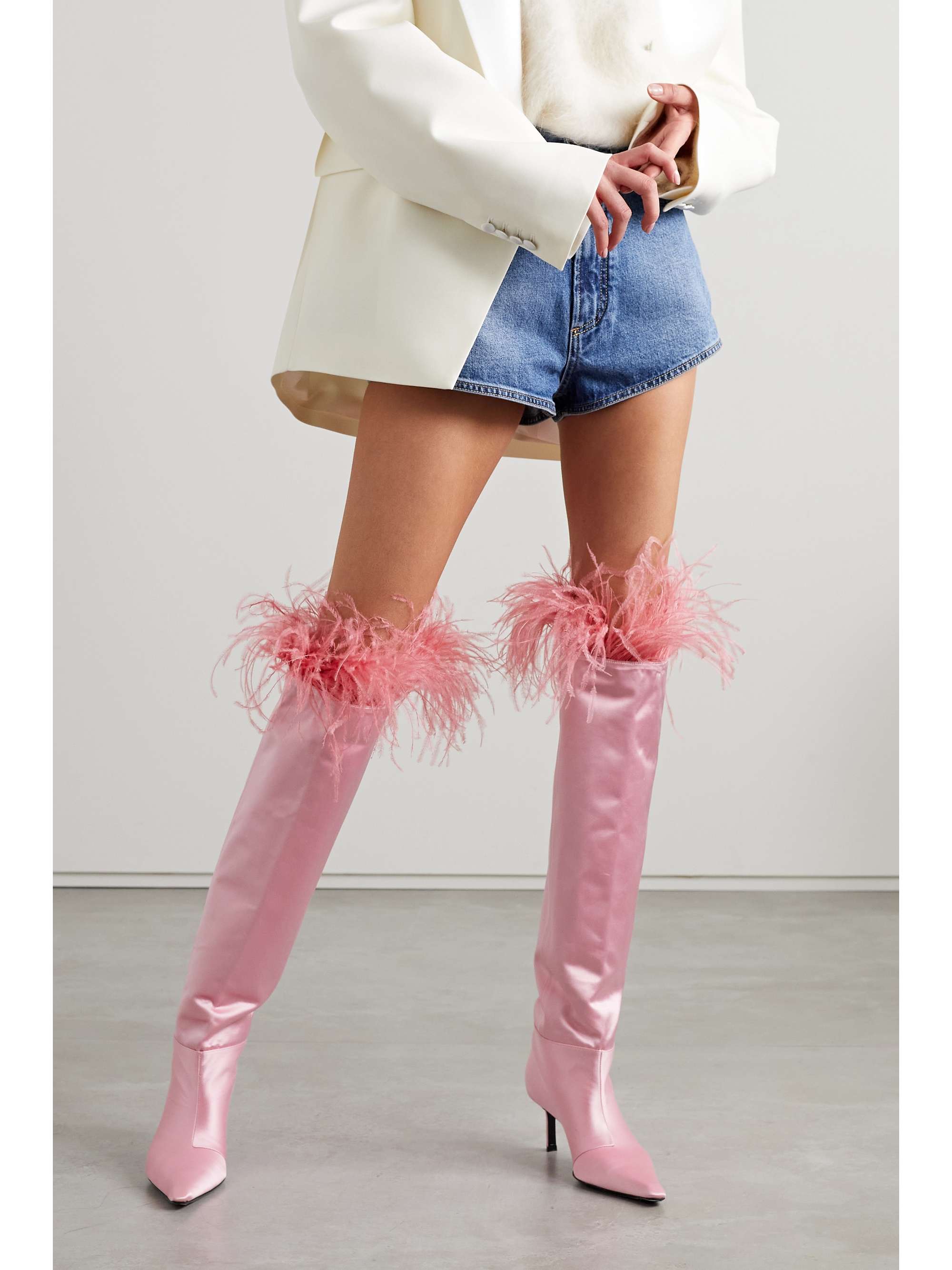 Viola feather-trimmed satin over-the-knee boots