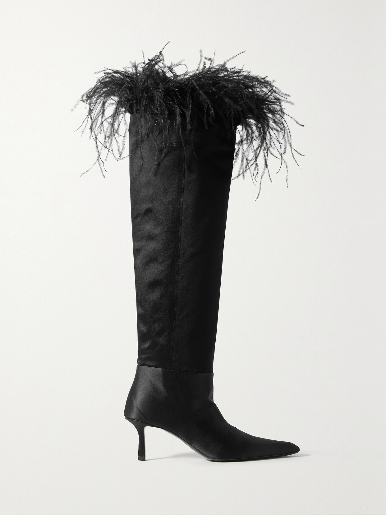 ALEXANDER WANG VIOLA FEATHER-TRIMMED SATIN OVER-THE-KNEE BOOTS