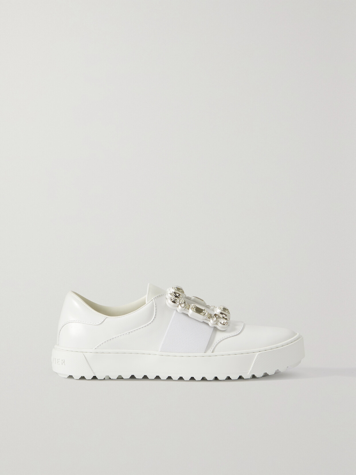 Shop Roger Vivier Viv Golf Crystal-embellished Buckled Leather Sneakers In White