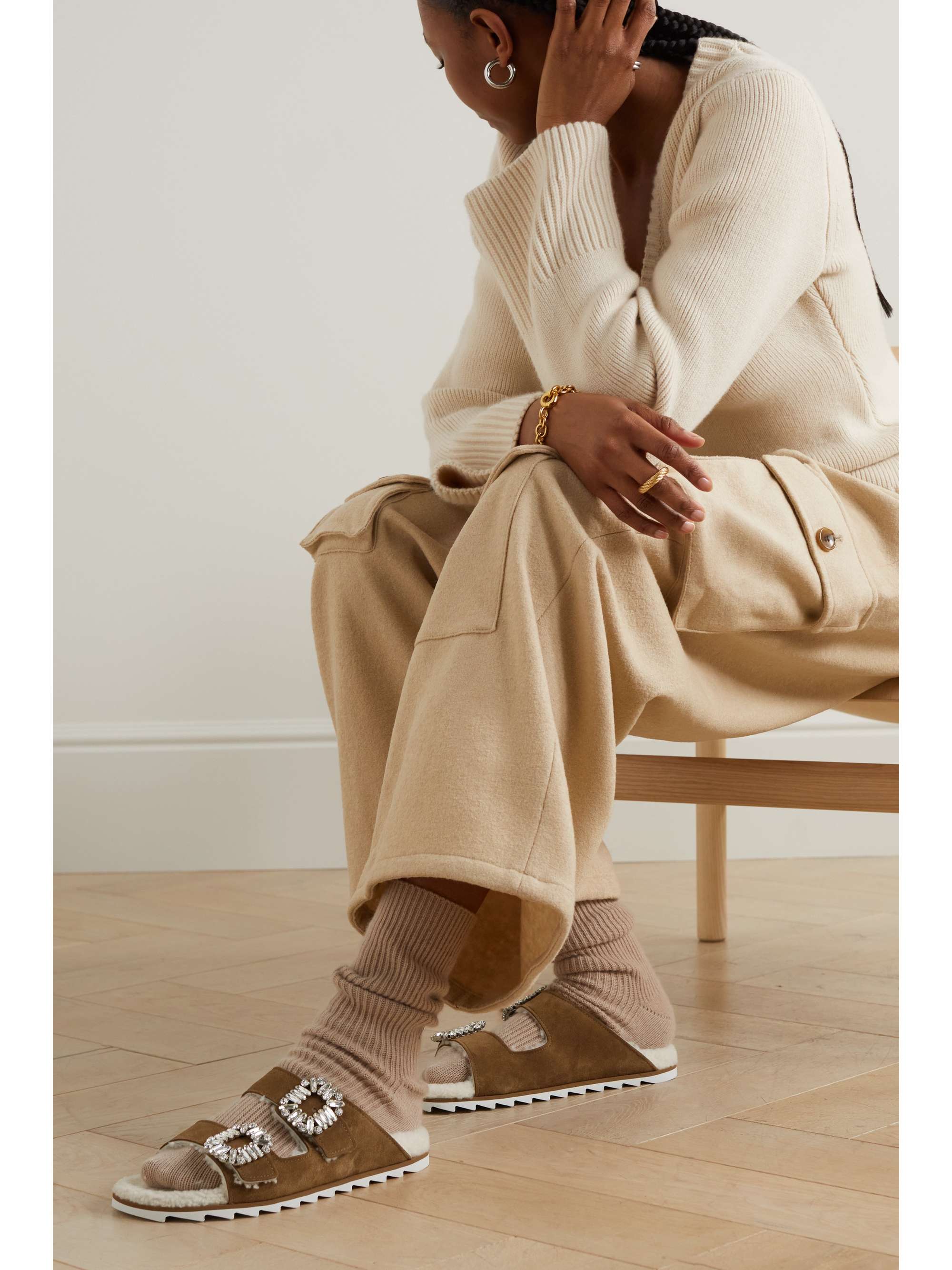 ROGER VIVIER Slidy Viv crystal-embellished shearling slides