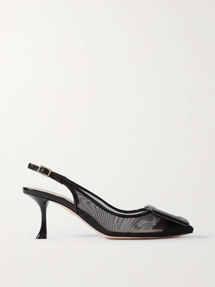 Roger Vivier Viv'In The City Patent Leather-trimmed Mesh Slingback Pumps