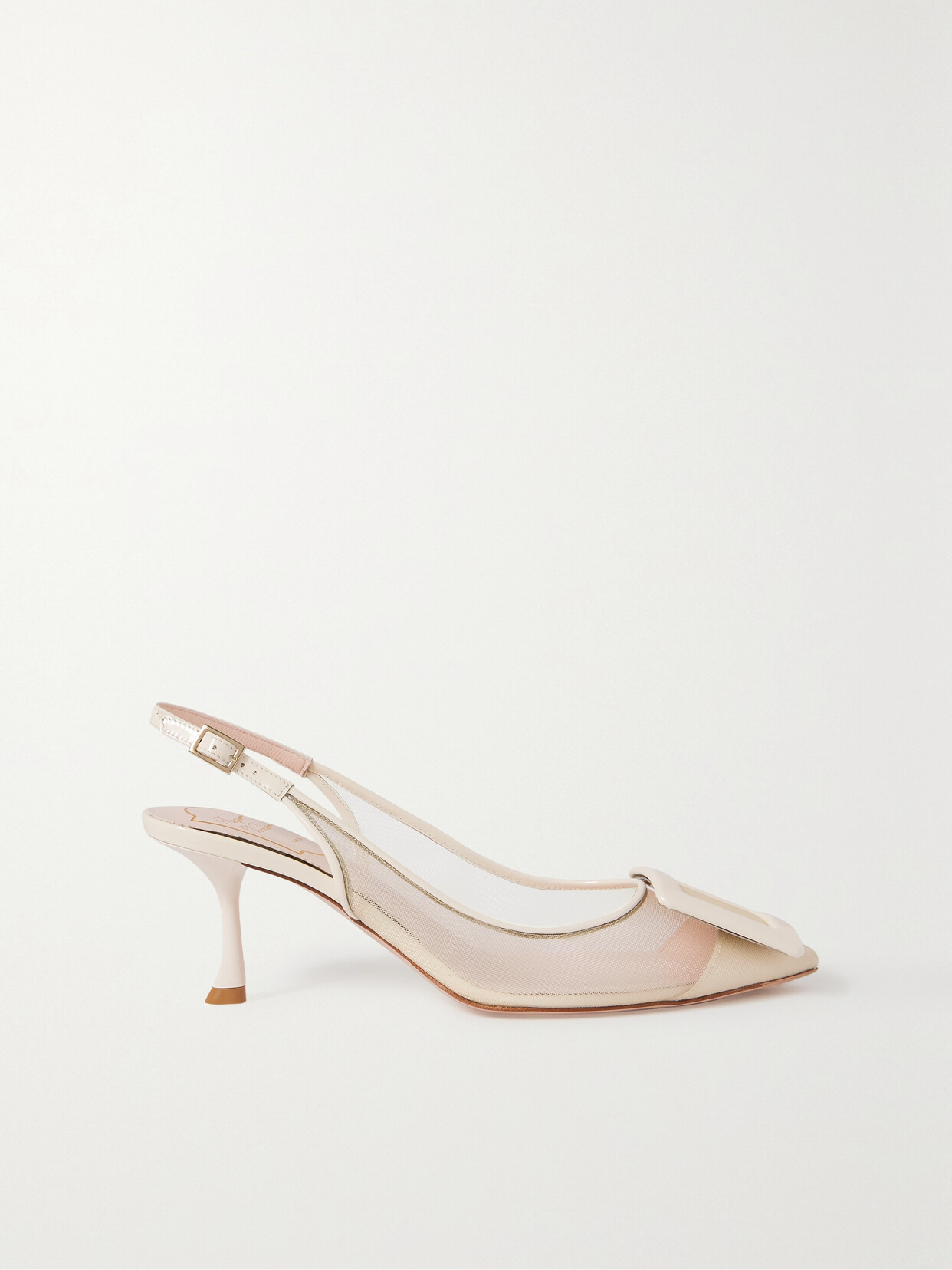 Roger Vivier Viv In The City Buckle-embellished Patent Leather-trimmed Mesh Slingback Pumps In Cream