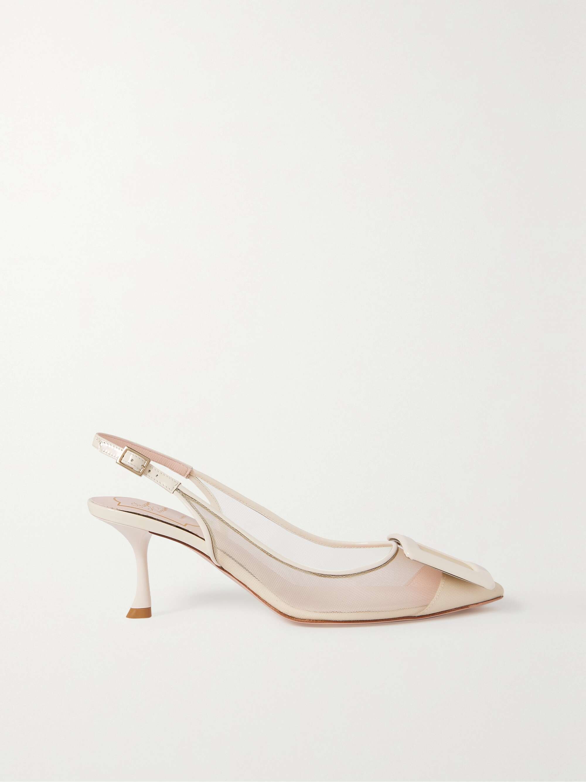 Viv In The City buckle-embellished patent leather-trimmed mesh slingback  pumps