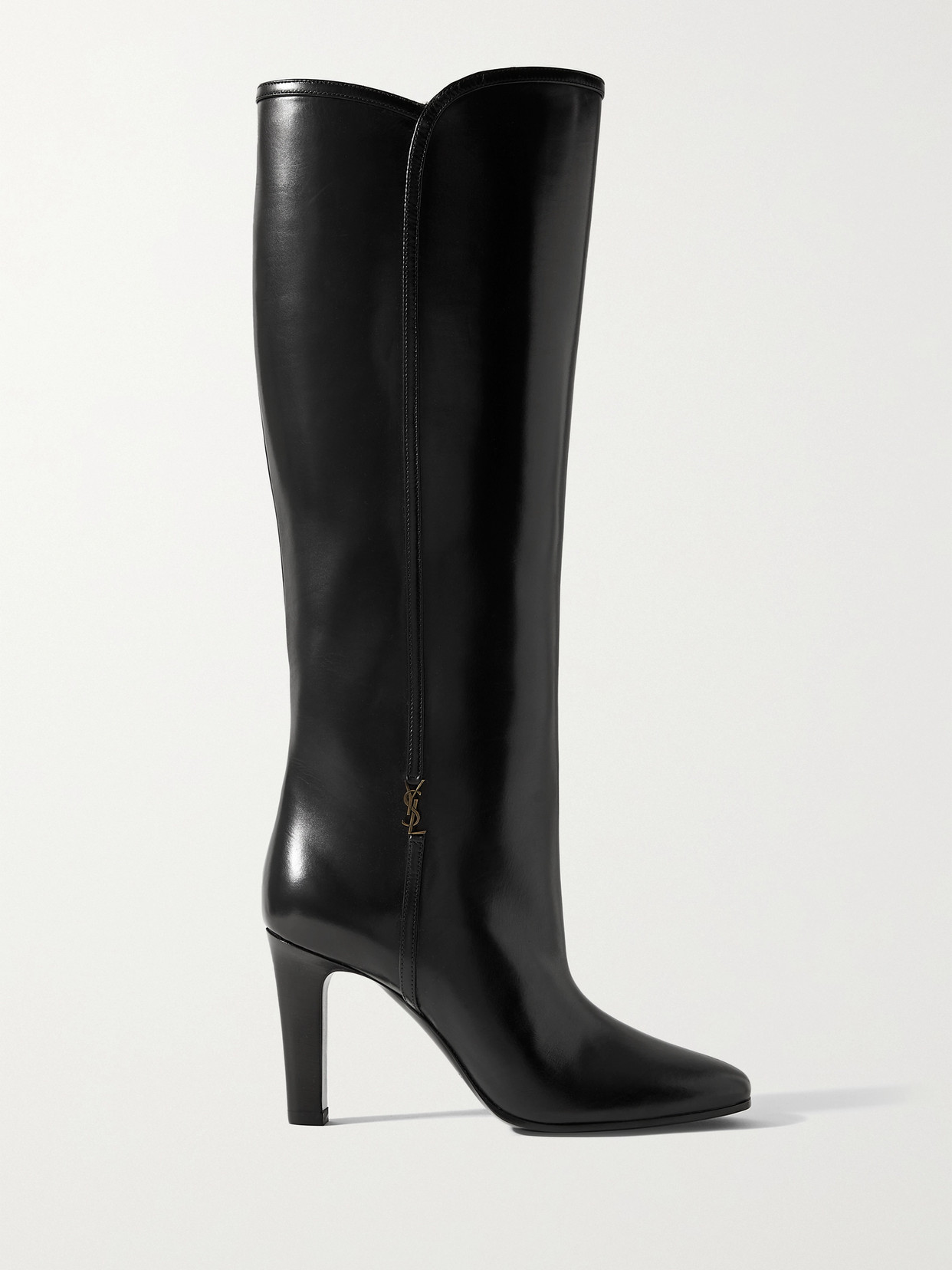 Shop Saint Laurent Jane Embellished Leather Knee Boots In Black