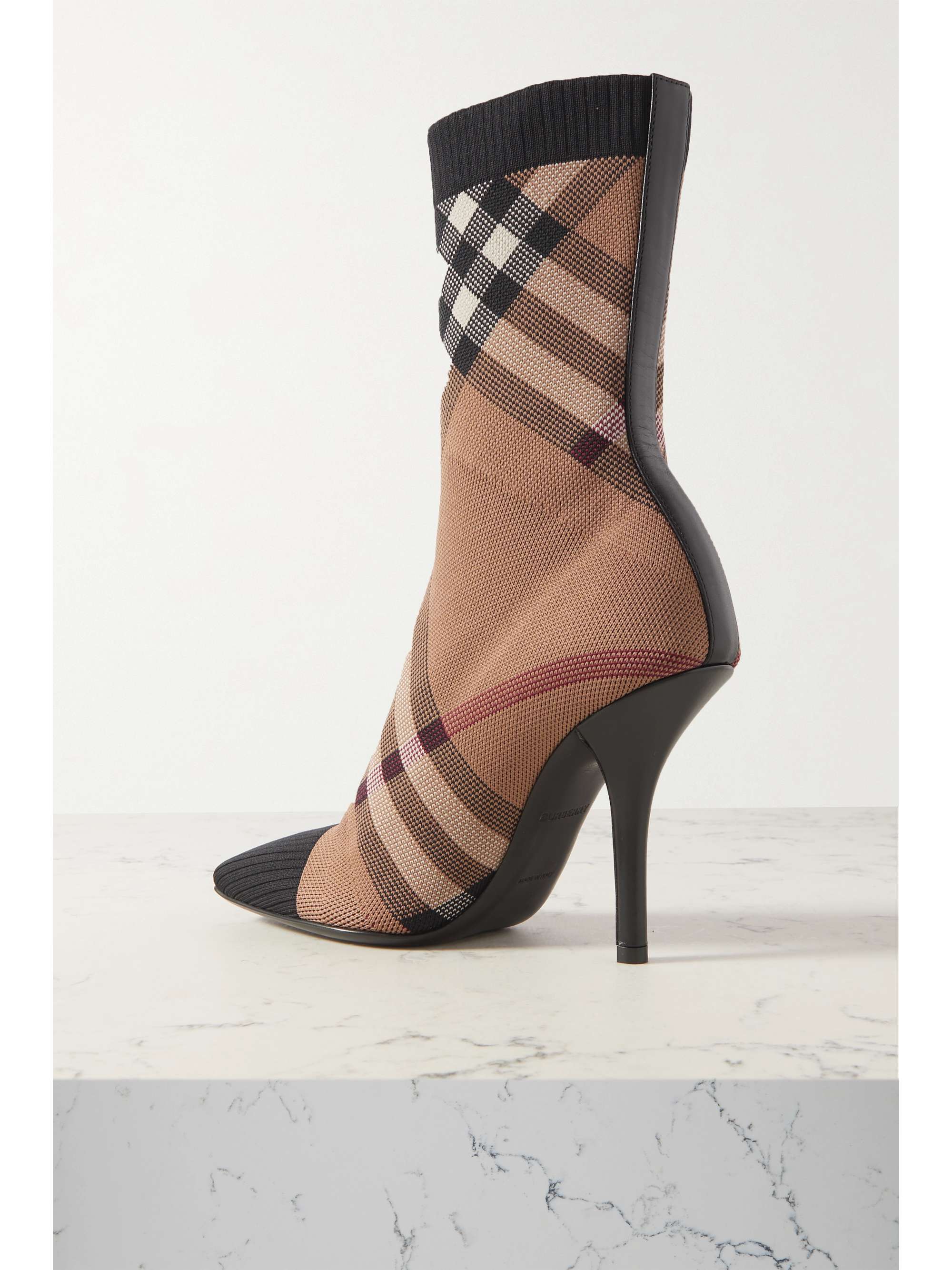 BURBERRY Leather-trimmed checked knitted ankle boots