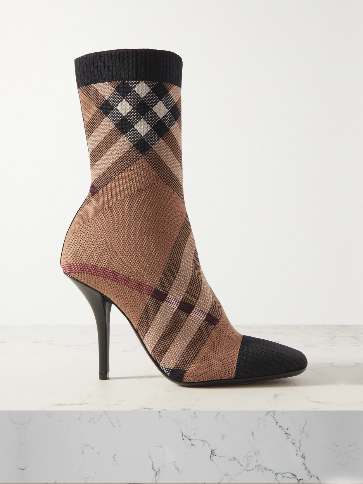 Burberry - Leather-trimmed Checked Knitted Ankle Boots - Neutrals