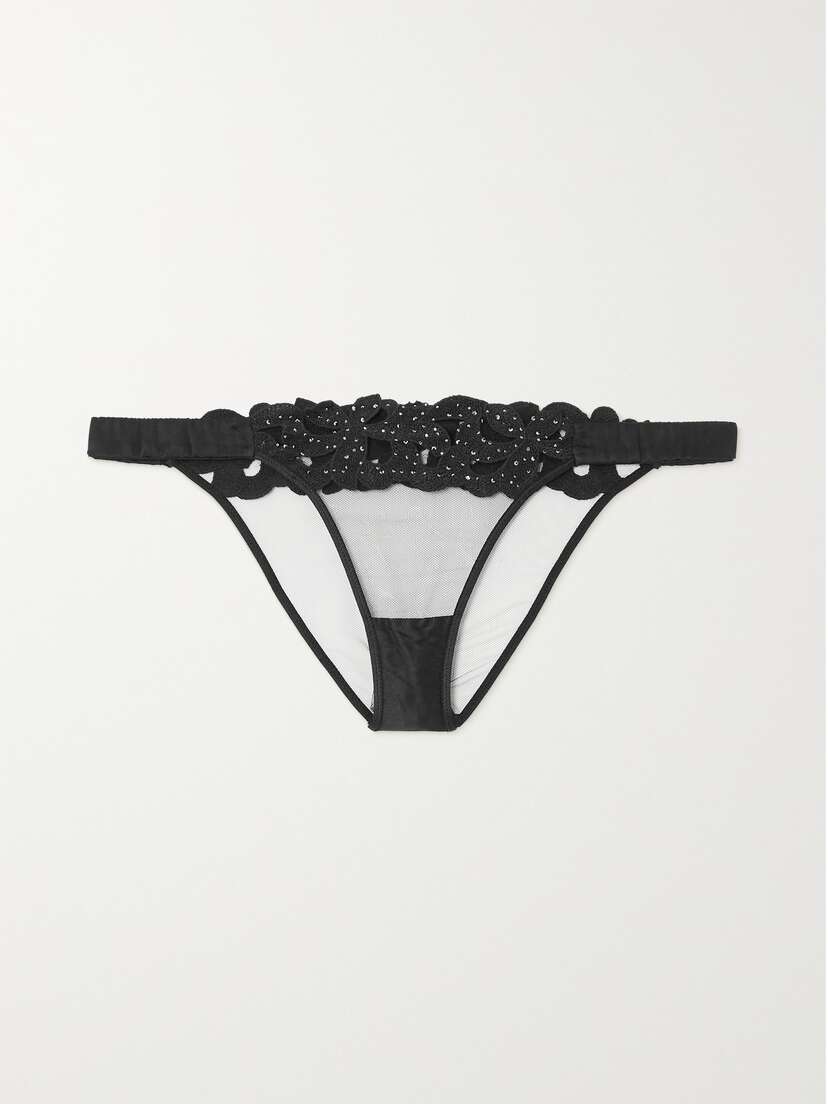 Agent Provocateur Angelinna Crystal-embellished Guipure Lace And Satin-trimmed Tulle Briefs