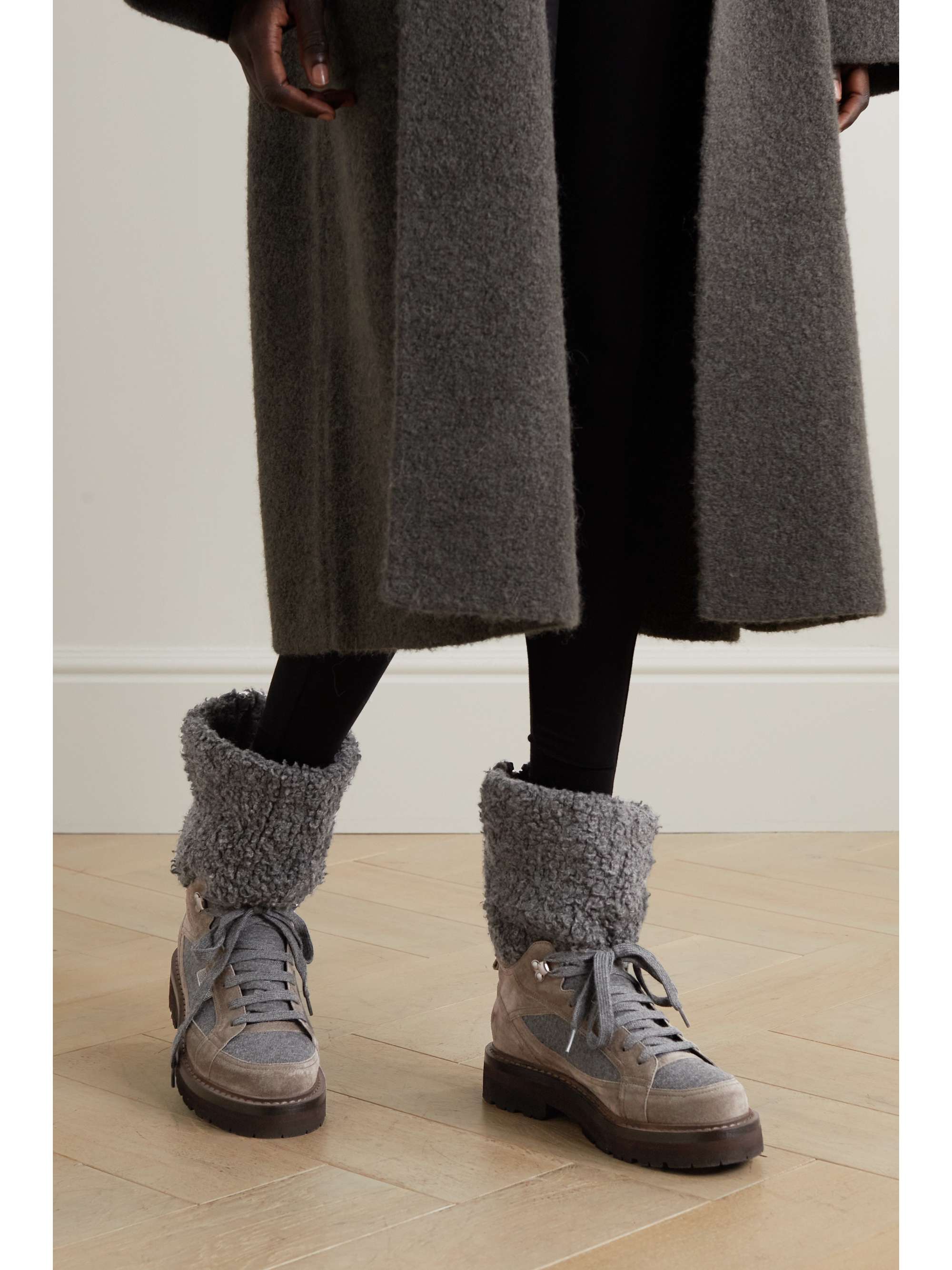 BRUNELLO CUCINELLI Paneled shearling, suede and cashmere boots
