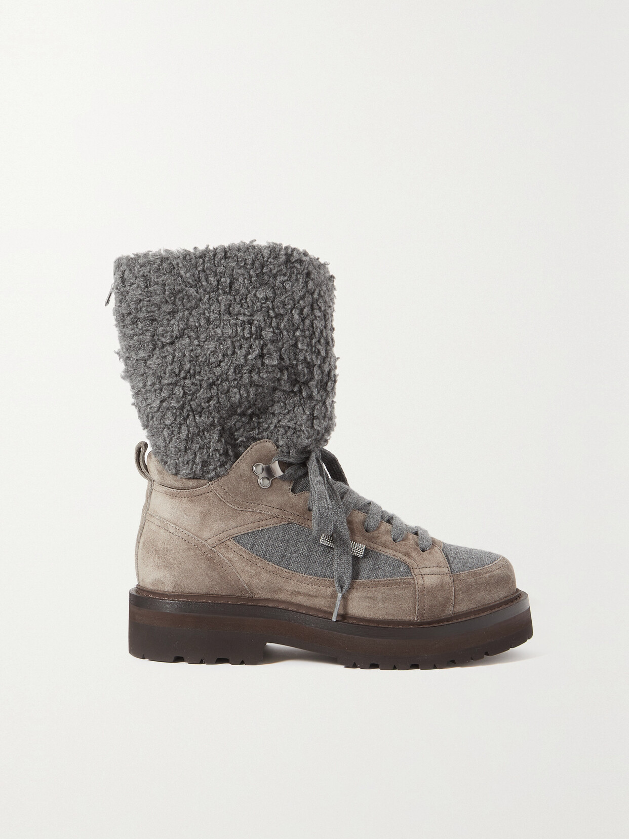 Brunello Cucinelli - Paneled Shearling, Suede And Cashmere Boots - Gray