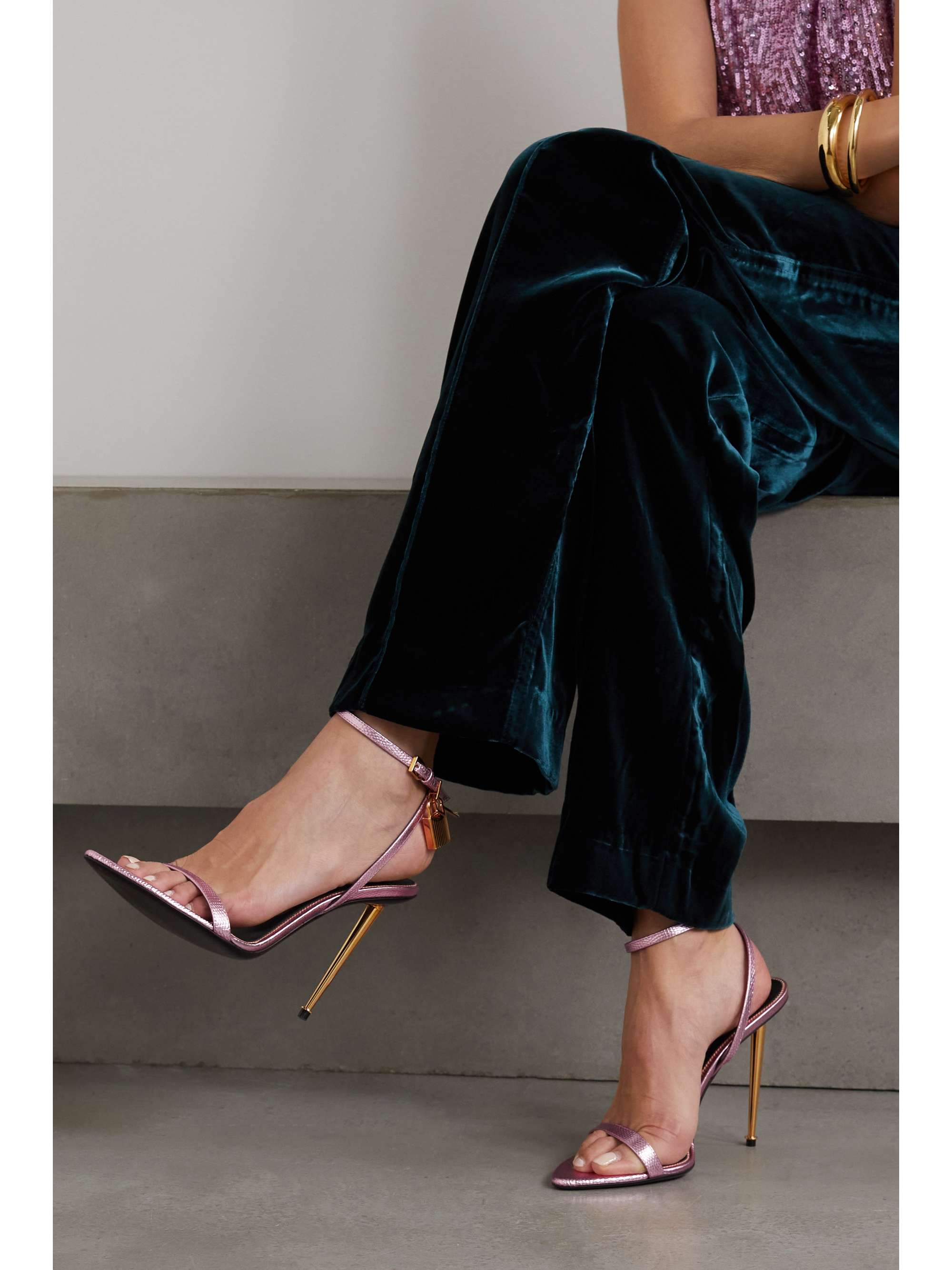 TOM FORD Padlock metallic lizard-effect leather sandals