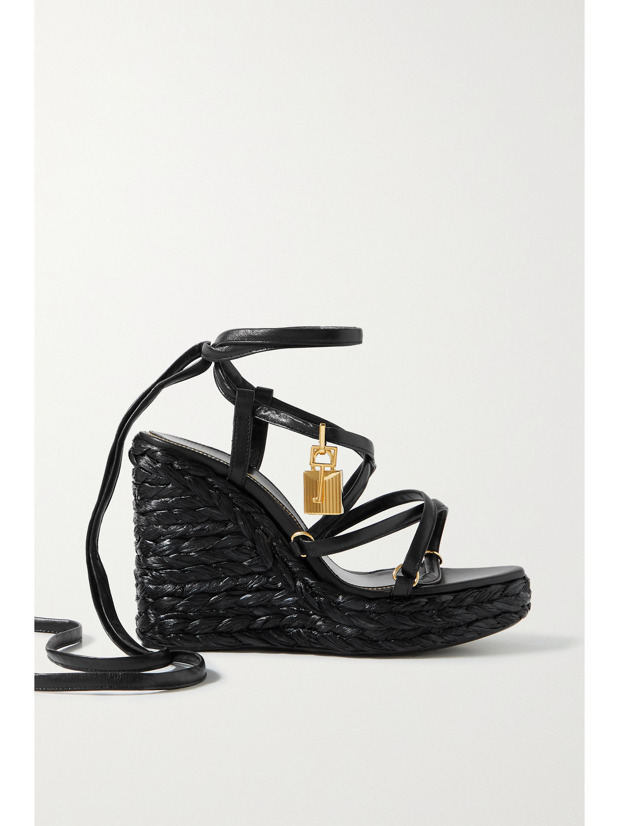 TOM FORD - Padlock Embellished Leather And Raffia Wedge Espadrilles - Black