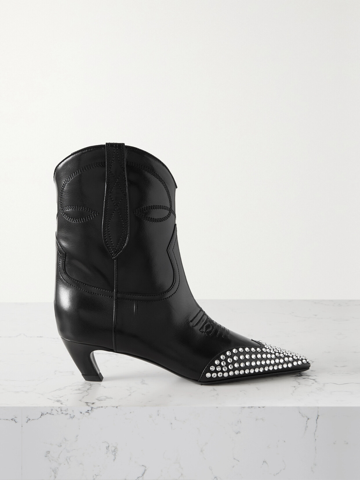 KHAITE DALLAS CRYSTAL-EMBELLISHED LEATHER ANKLE BOOTS