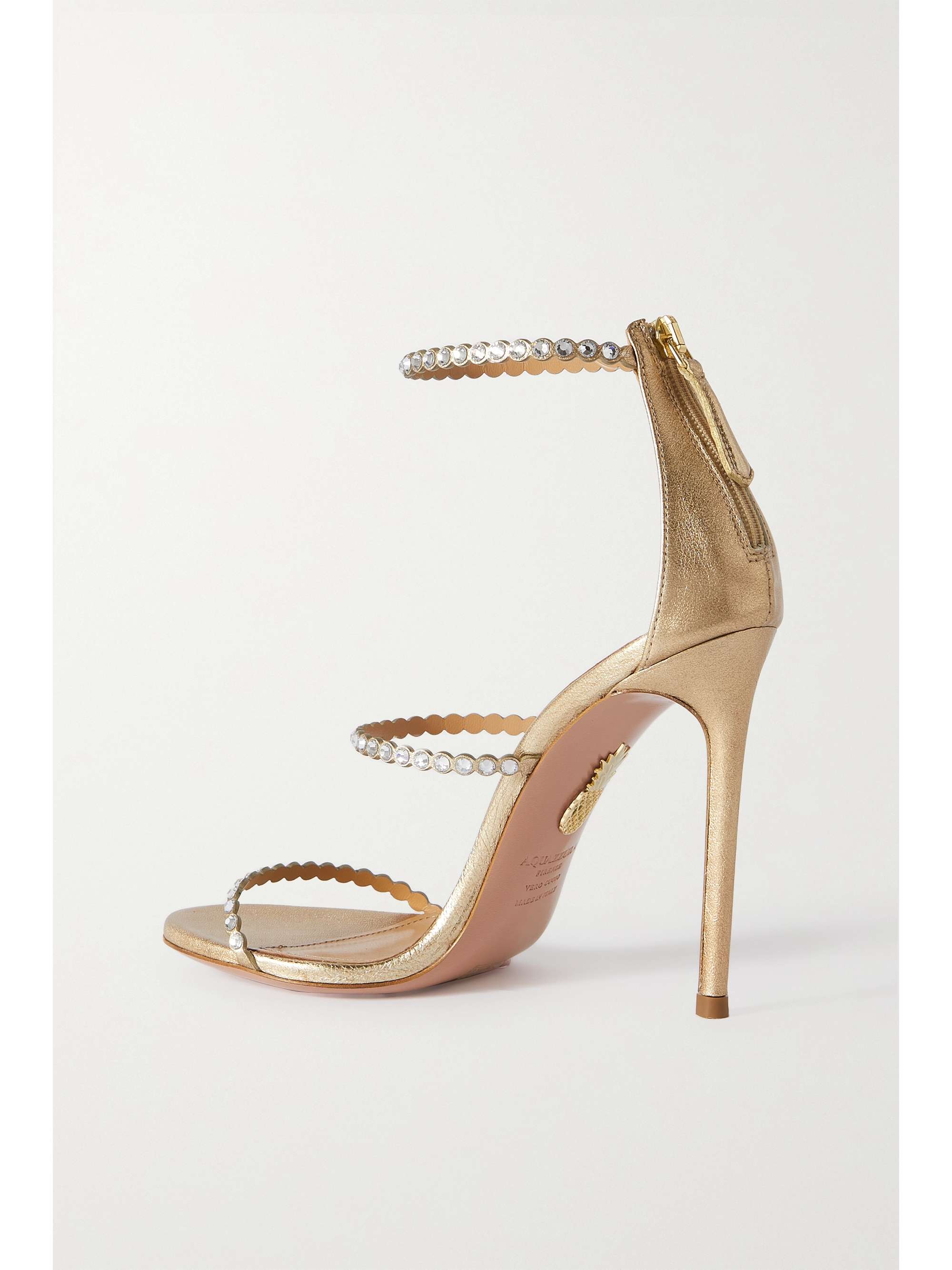 AQUAZZURA Mini Tequila 105 crystal-embellished metallic leather sandals