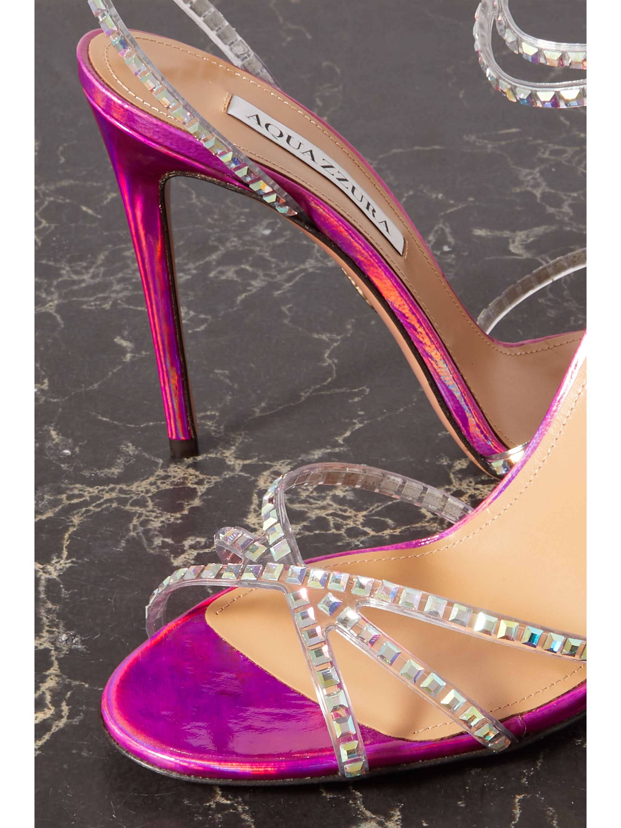 AQUAZZURA Dance Plexi 105 embellished PVC and iridescent leather sandals