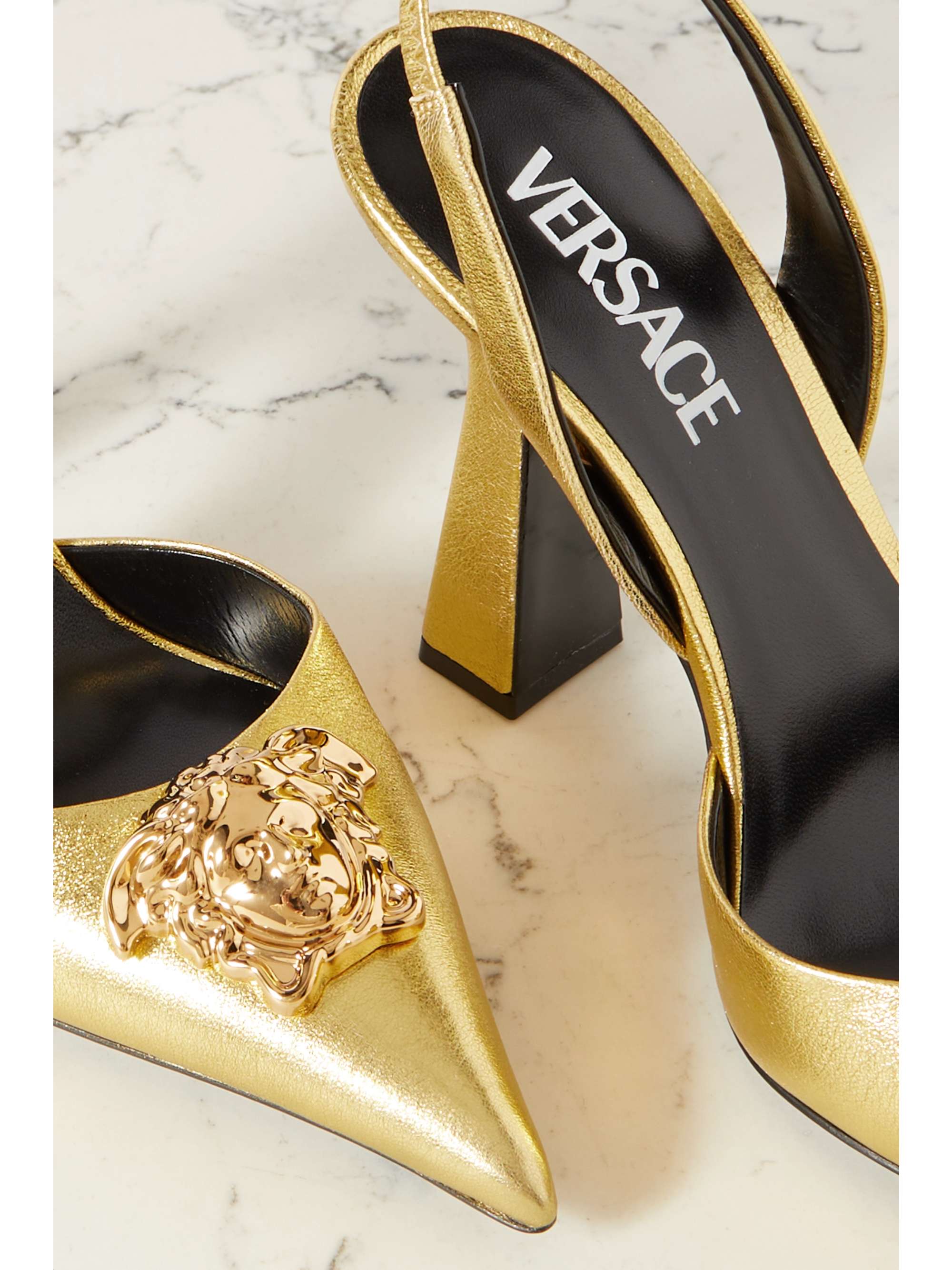 VERSACE La Medusa metallic coated-leather slingback pumps