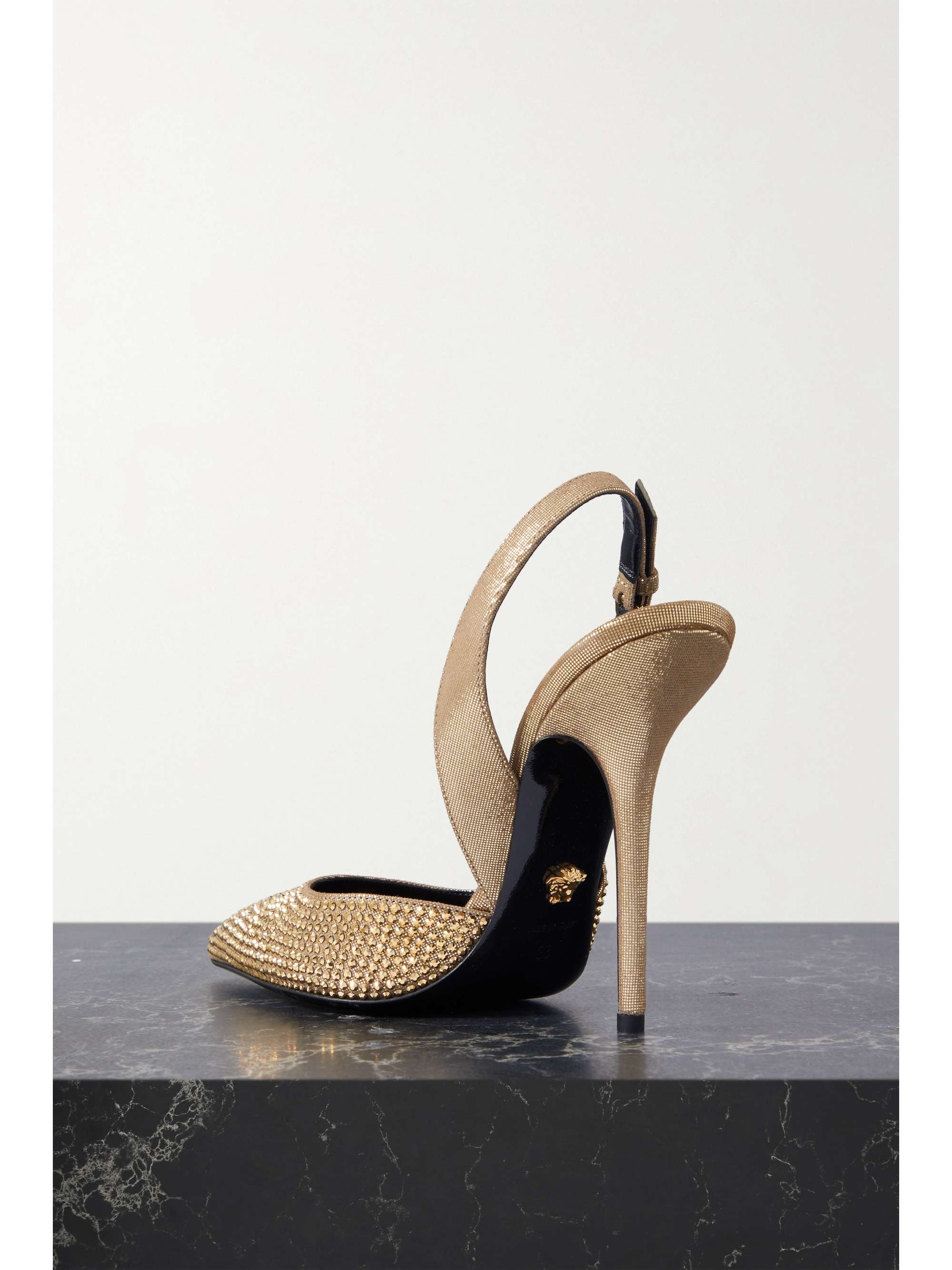 VERSACE Crystal-embellished suede slingback pumps