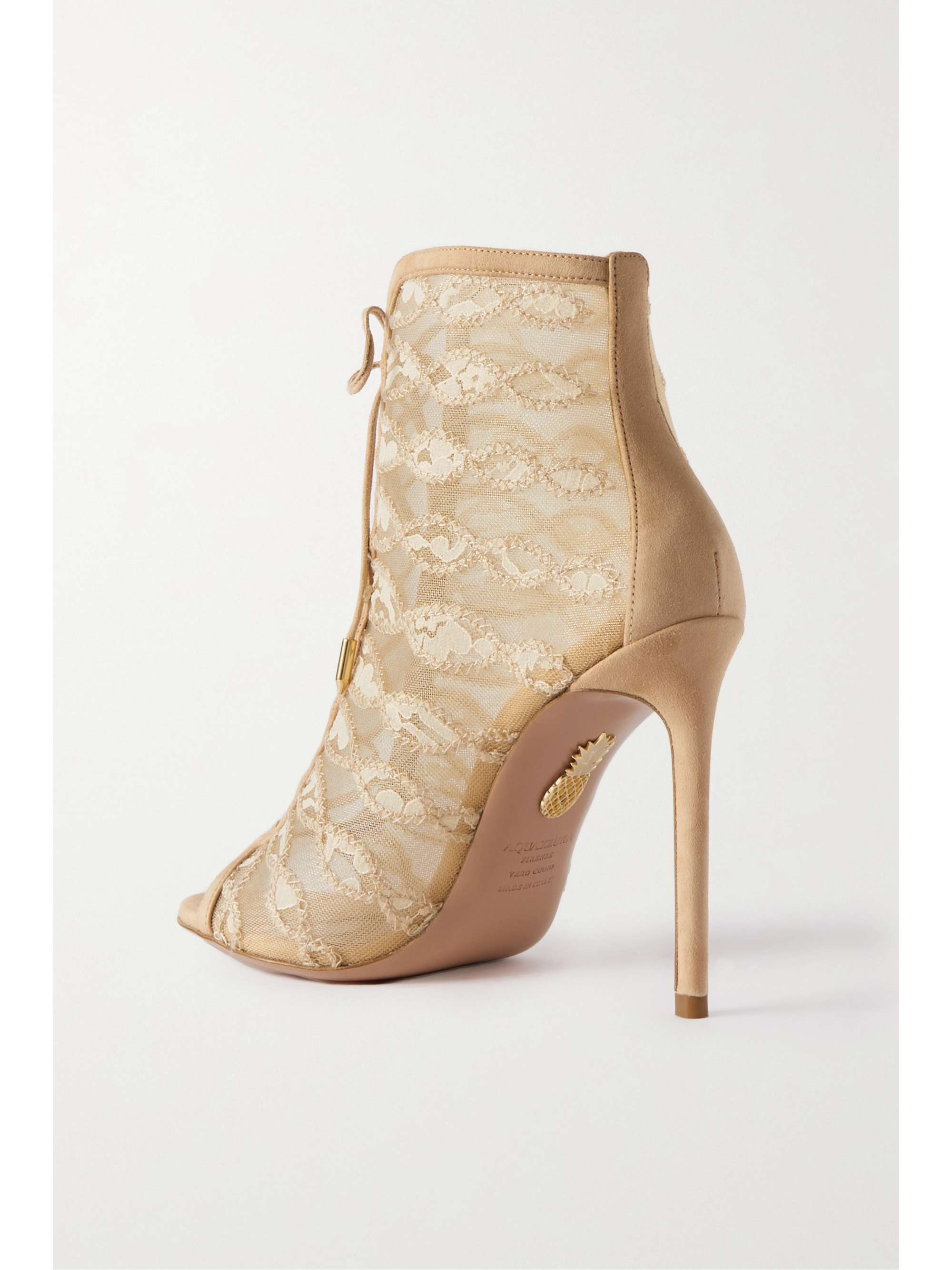AQUAZZURA After Dark Bootie 105 suede and lace-trimmed mesh ankle boots