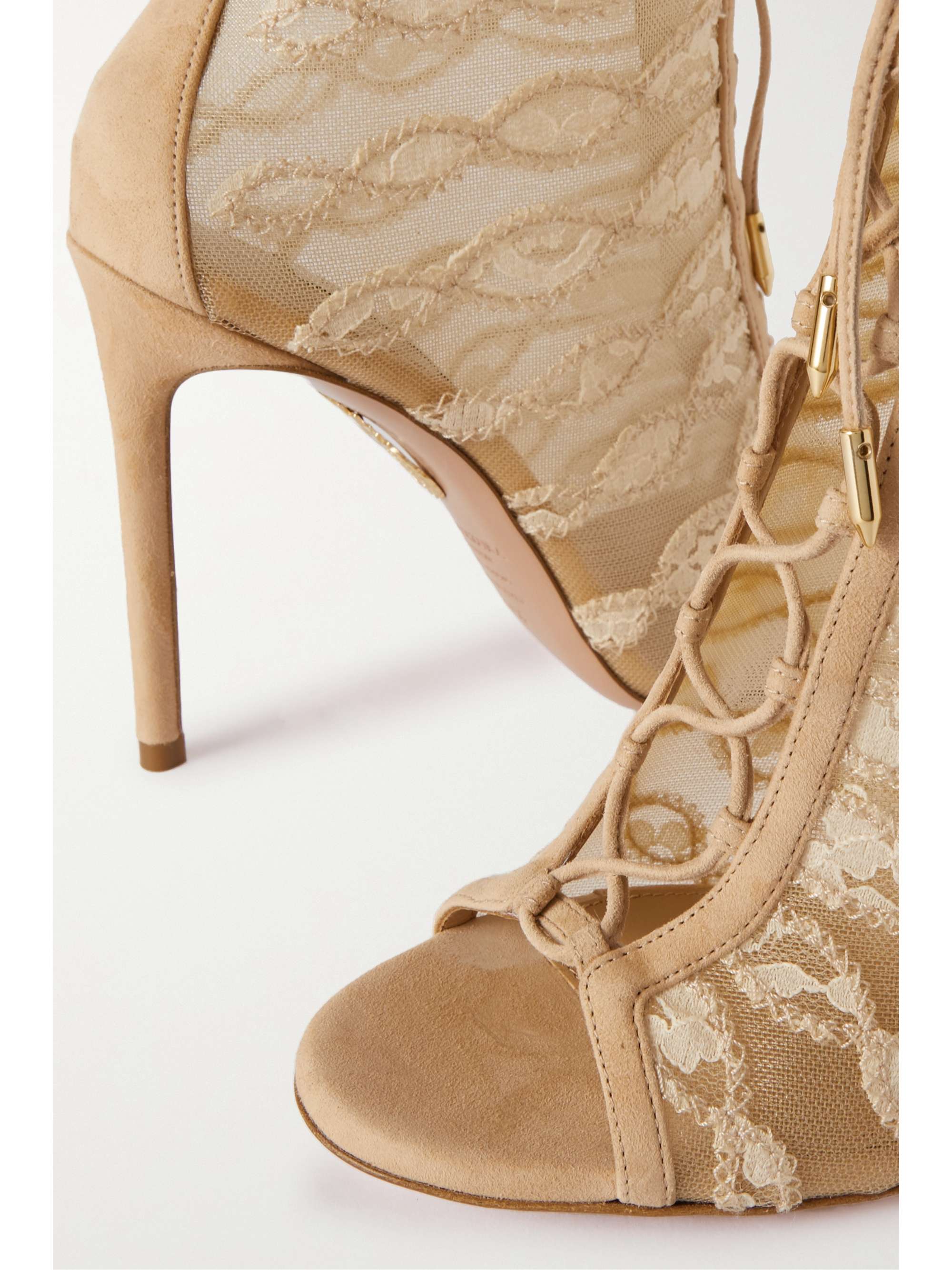 AQUAZZURA After Dark Bootie 105 suede and lace-trimmed mesh ankle boots