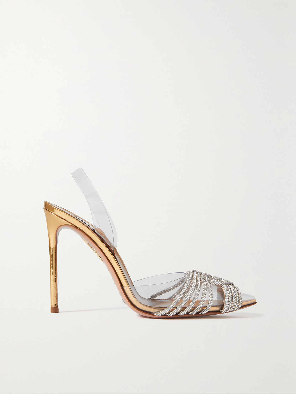 Shop Aquazzura Gatsby Sling 105 Crystal-embellished Pvc And Metallic Leather Pumps In Gold