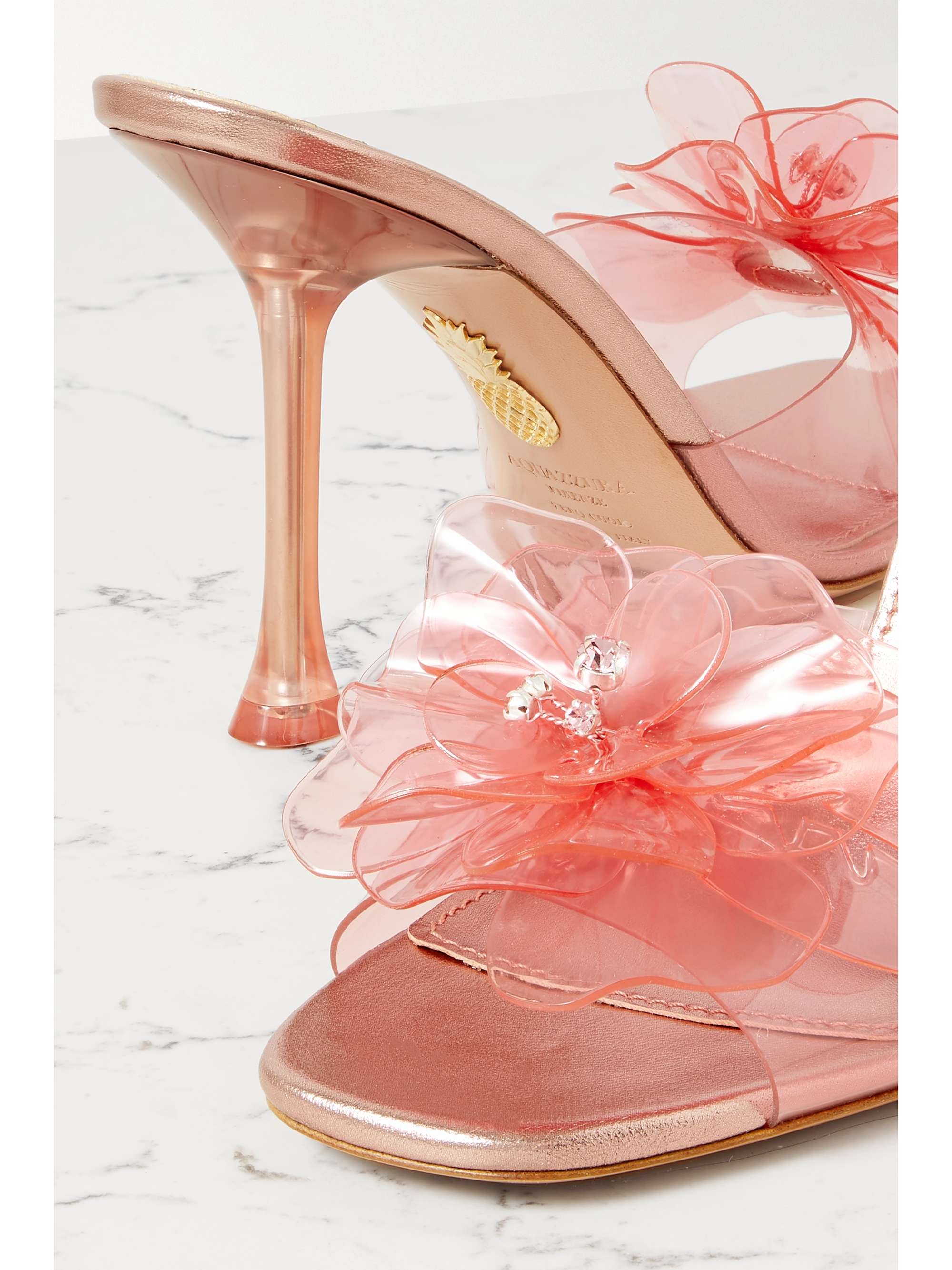 AQUAZZURA Zsa Zsa 95 embellished PVC and metallic leather mules