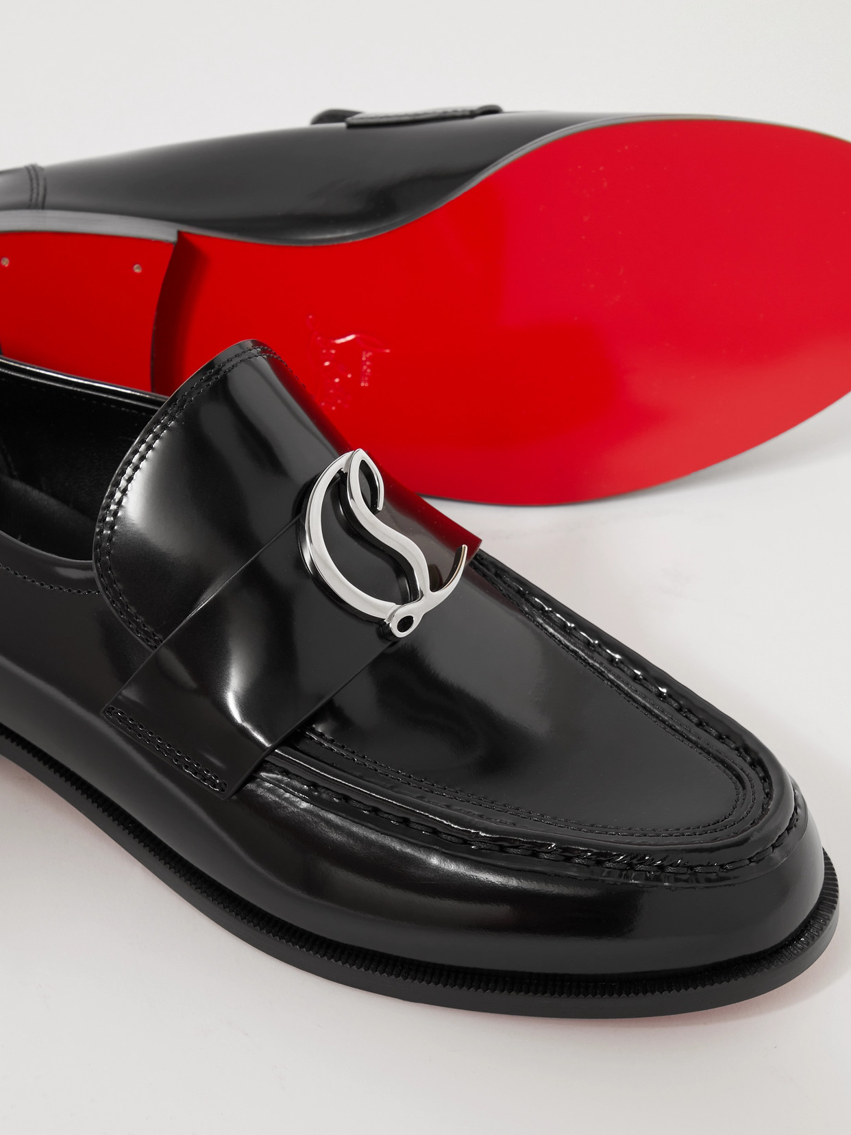Christian Louboutin Cl Moc Embellished Glossed-leather Loafers In Black