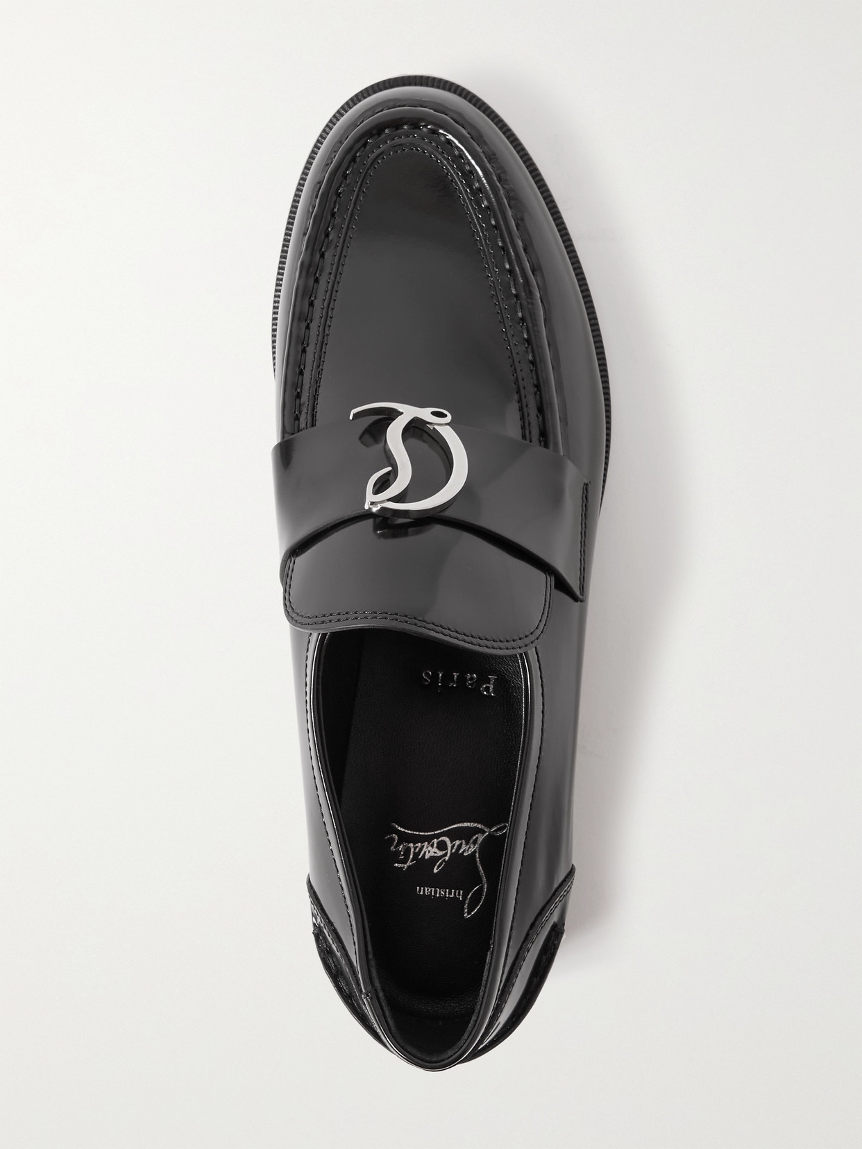 Christian Louboutin Cl Moc Embellished Glossed-leather Loafers In Black