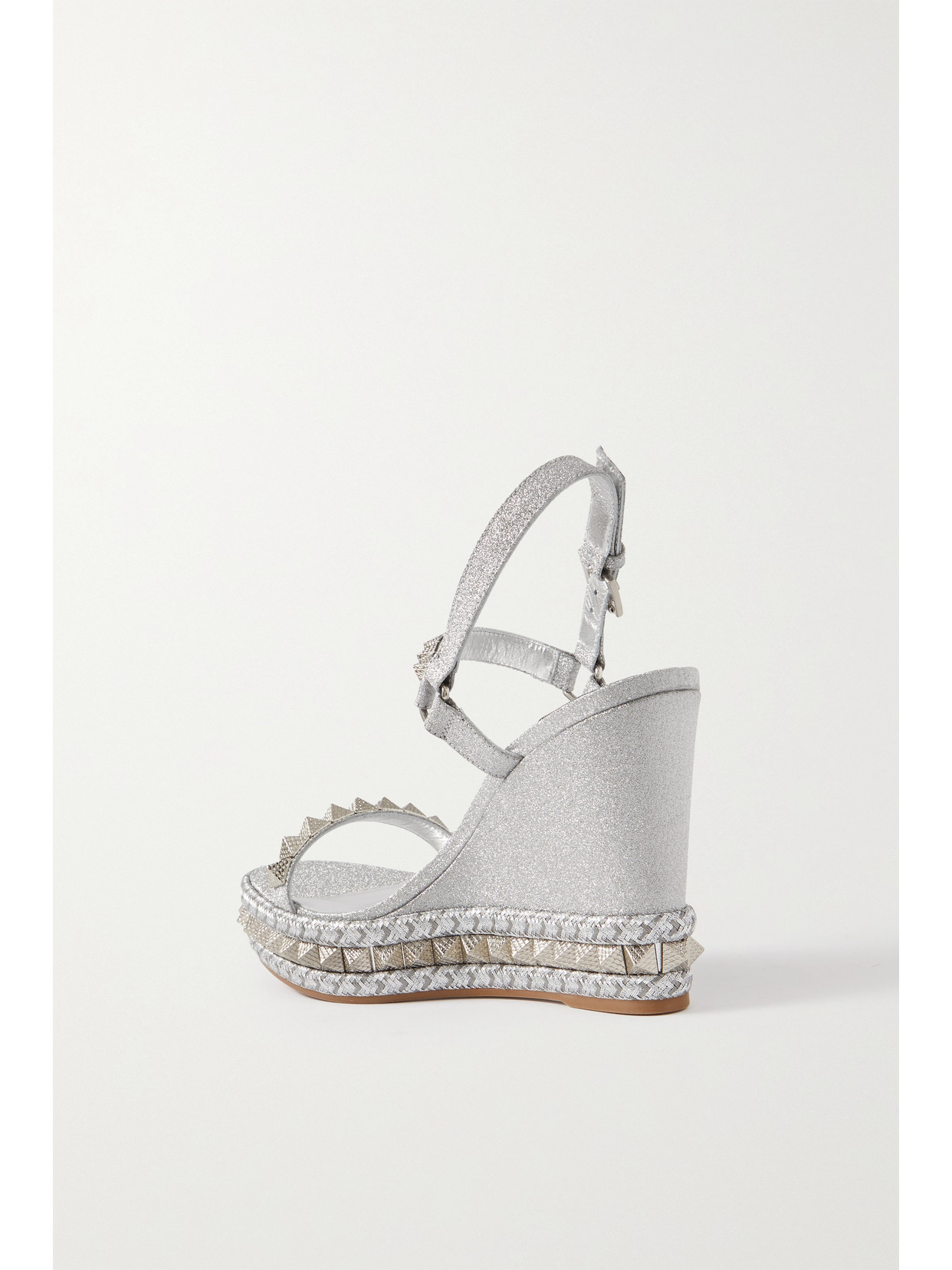 Shop Christian Louboutin Pyraclou 110 Glittered Leather Wedge Sandals In Silver