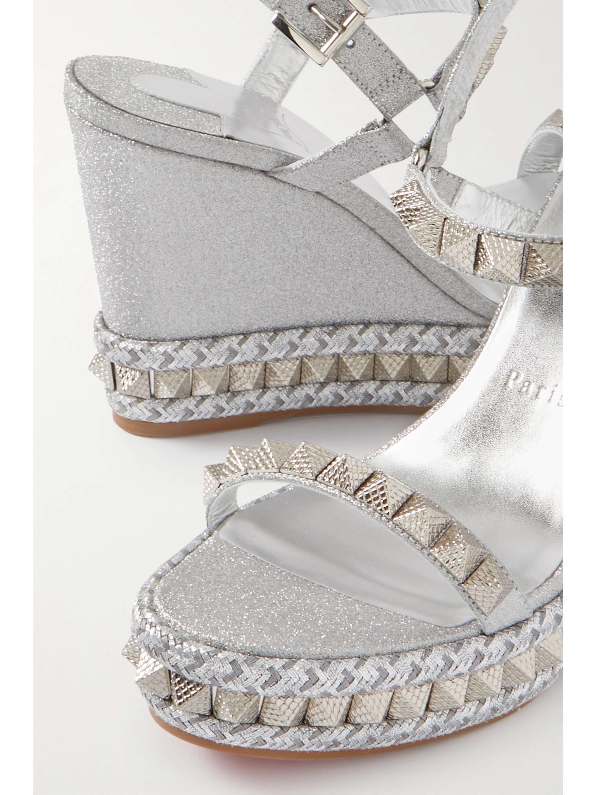 Pyraclou Embellished Leather Sandals in Silver - Christian Louboutin