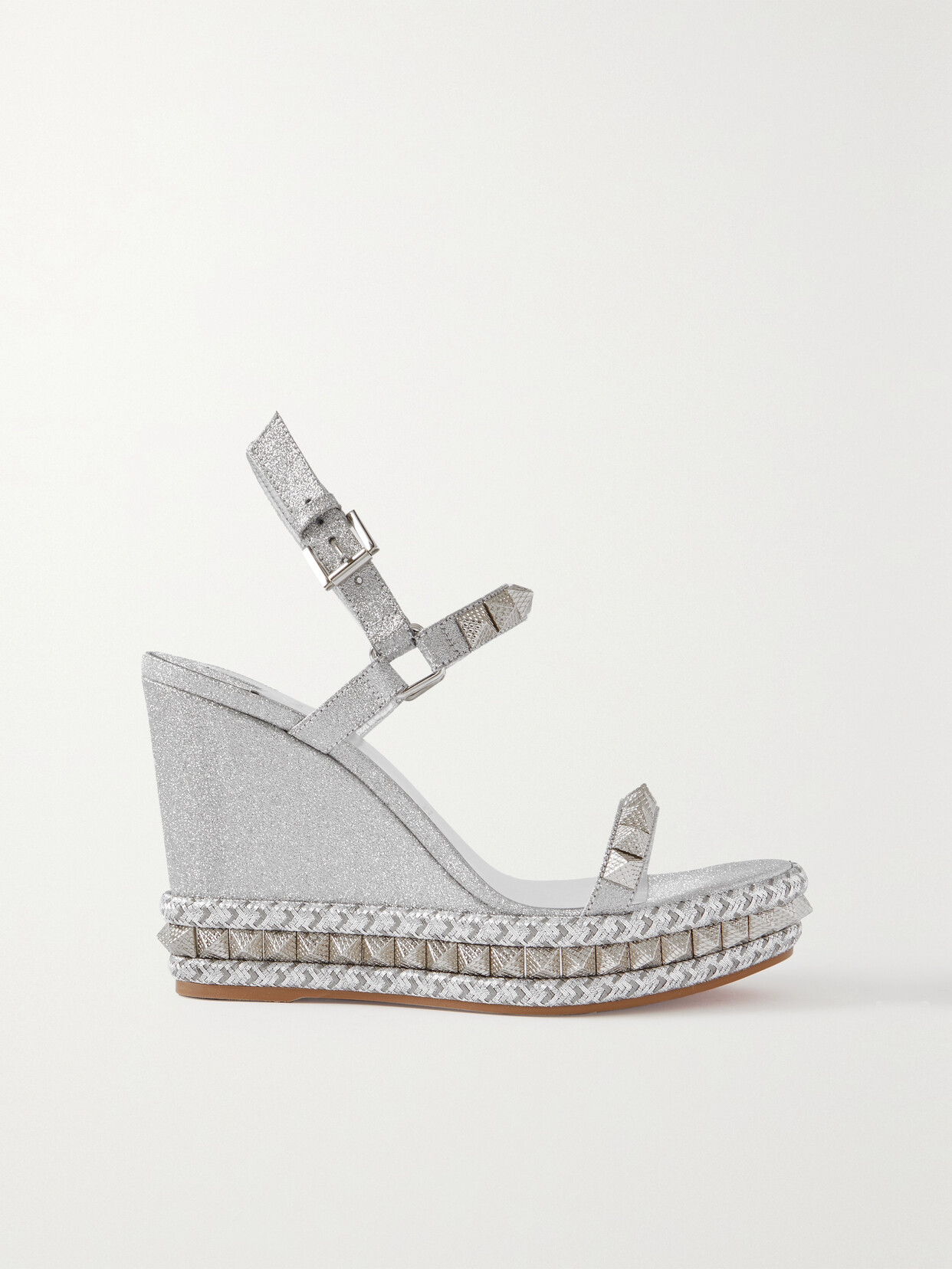 Christian Louboutin Pyraclou 110 Glittered Leather Wedge Sandals In Silver