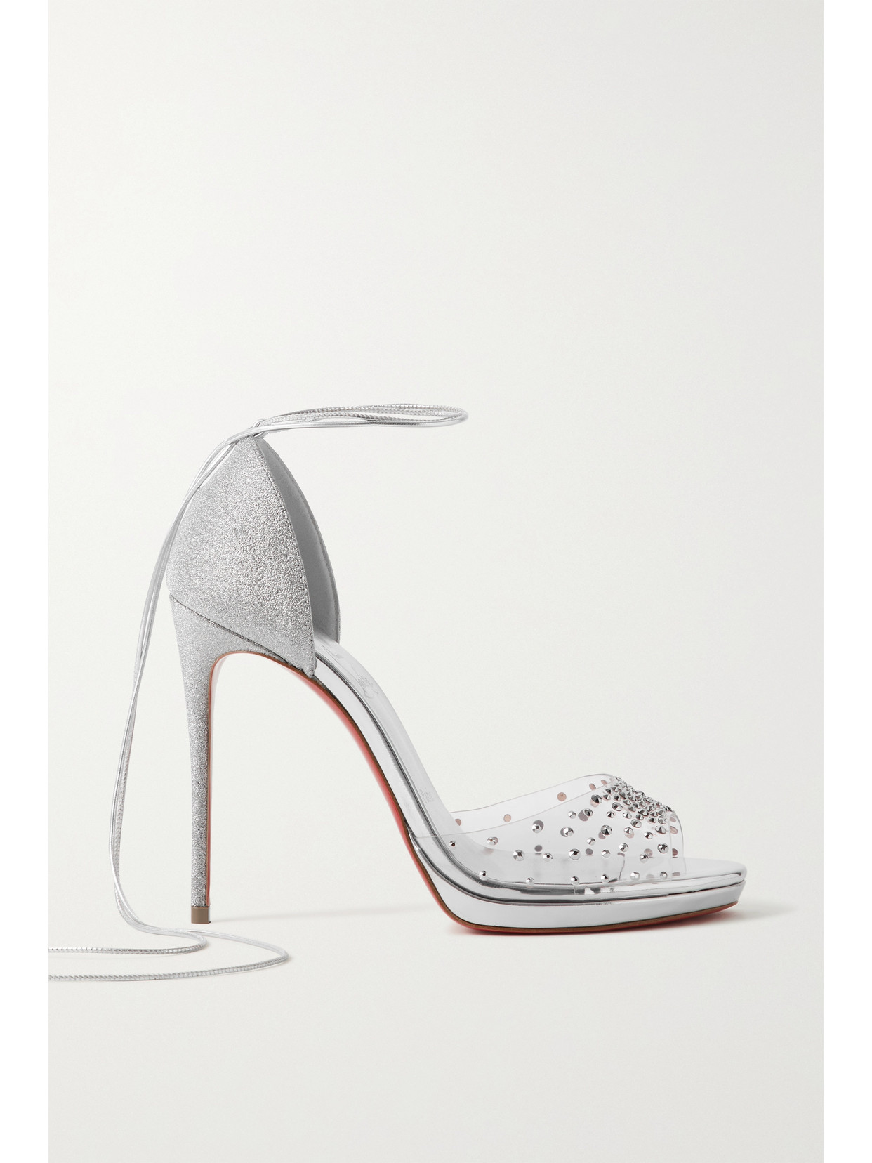 Christian Louboutin Degratina Frou 120 Glittered Leather And Embellished Pvc Sandals In Silver