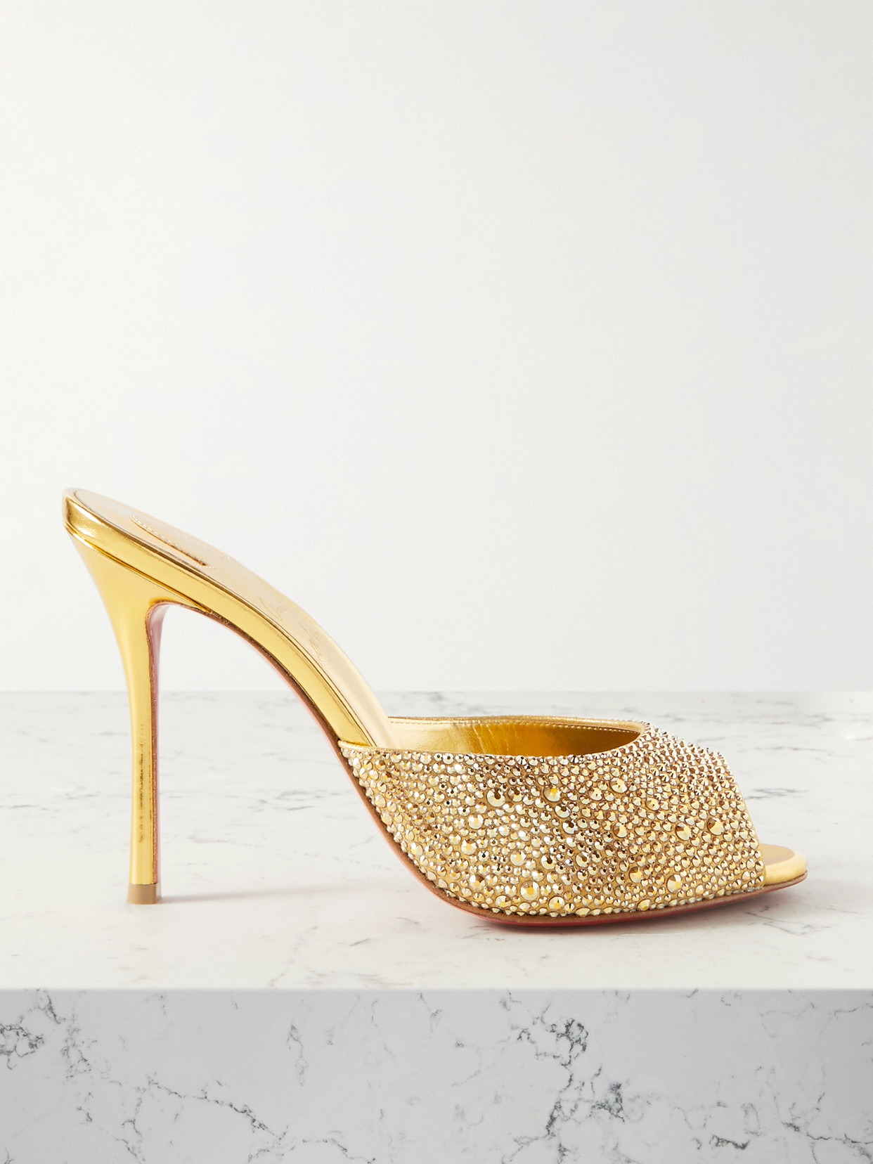 Christian Louboutin Me Dolly 100 Crystal-embellished Metallic Leather Mules In Gold