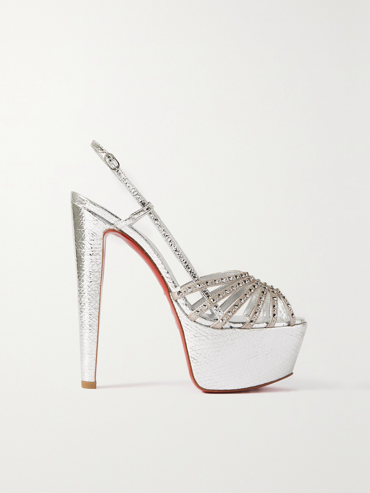 Shop Christian Louboutin Vegastrassima Alta 160 Crystal-embellished Metallic Leather Slingback Sandals In Silver